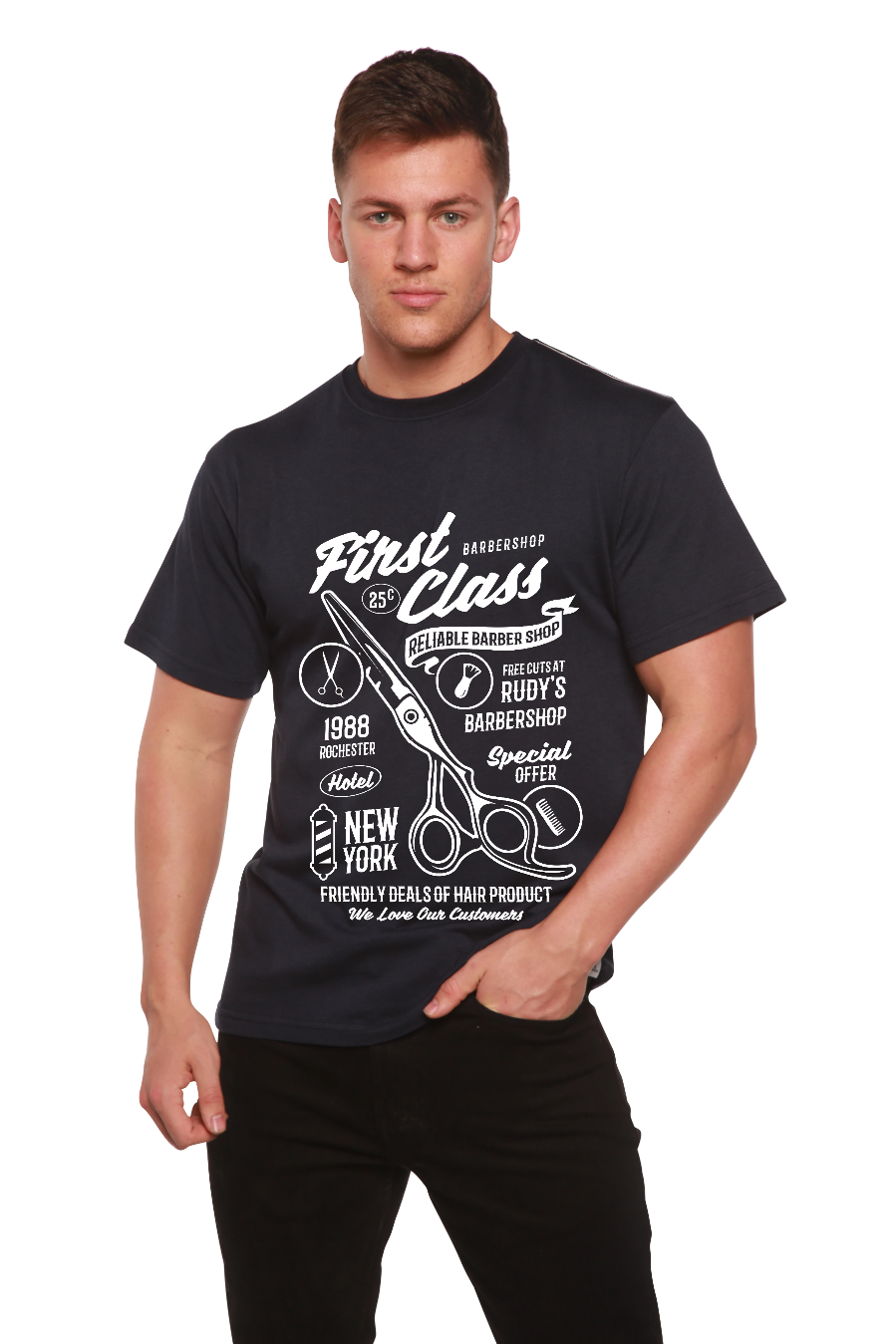 Spun Bamboo First Class Barber Men's Bamboo Viscose/Organic Cotton Short Sleeve Graphic T-Shirt — comparison shot