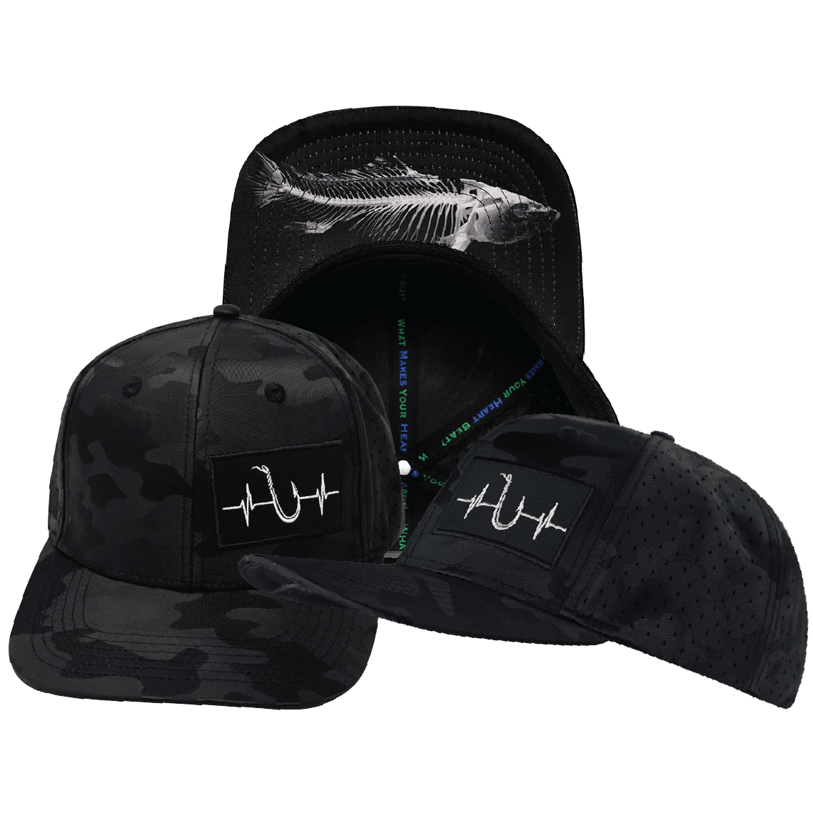 The Heartbeat Brand Fishing Baseball Hat — Black Camo — main product shot