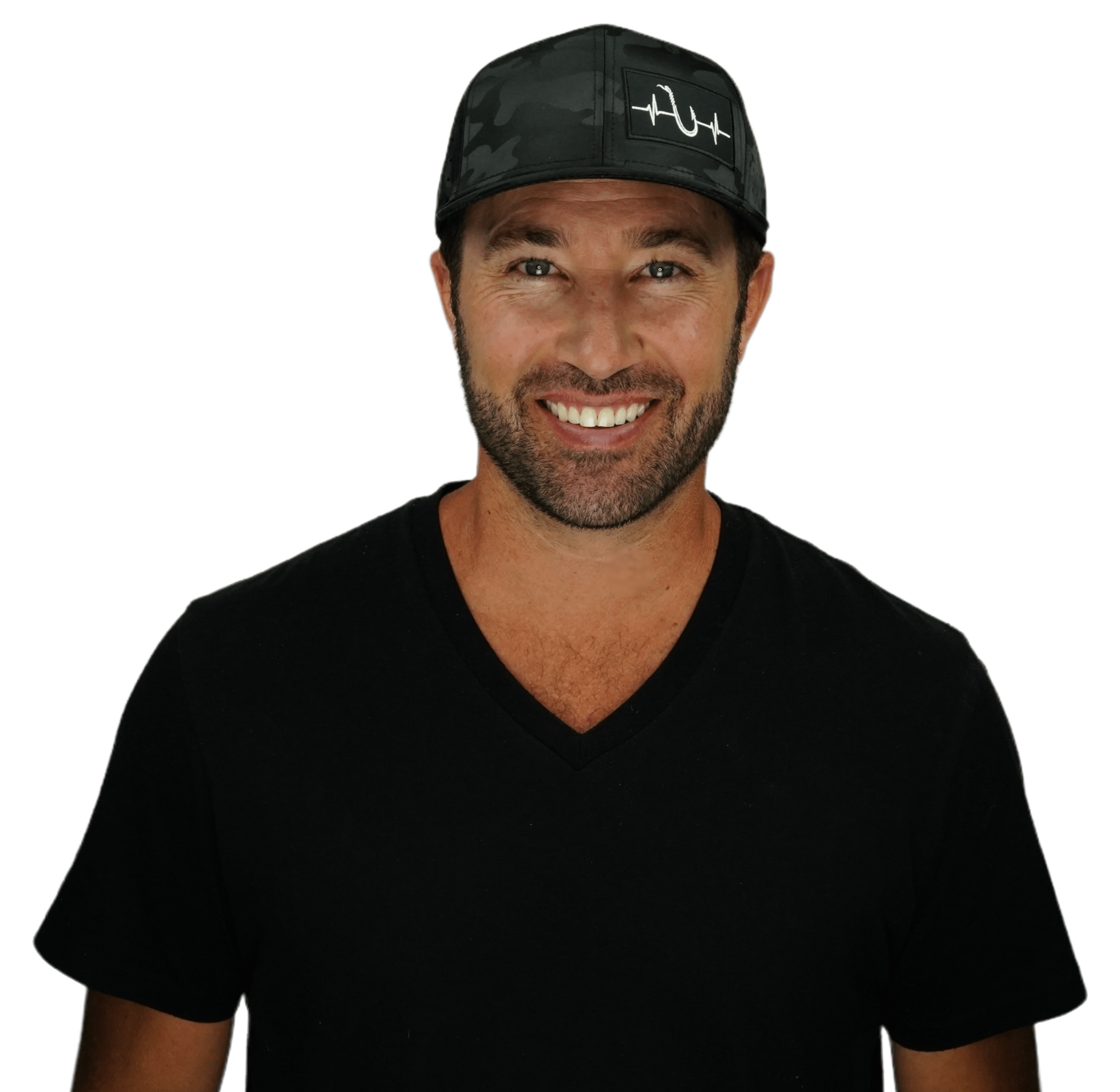 The Heartbeat Brand Fishing Baseball Hat — Black Camo — detail close-up