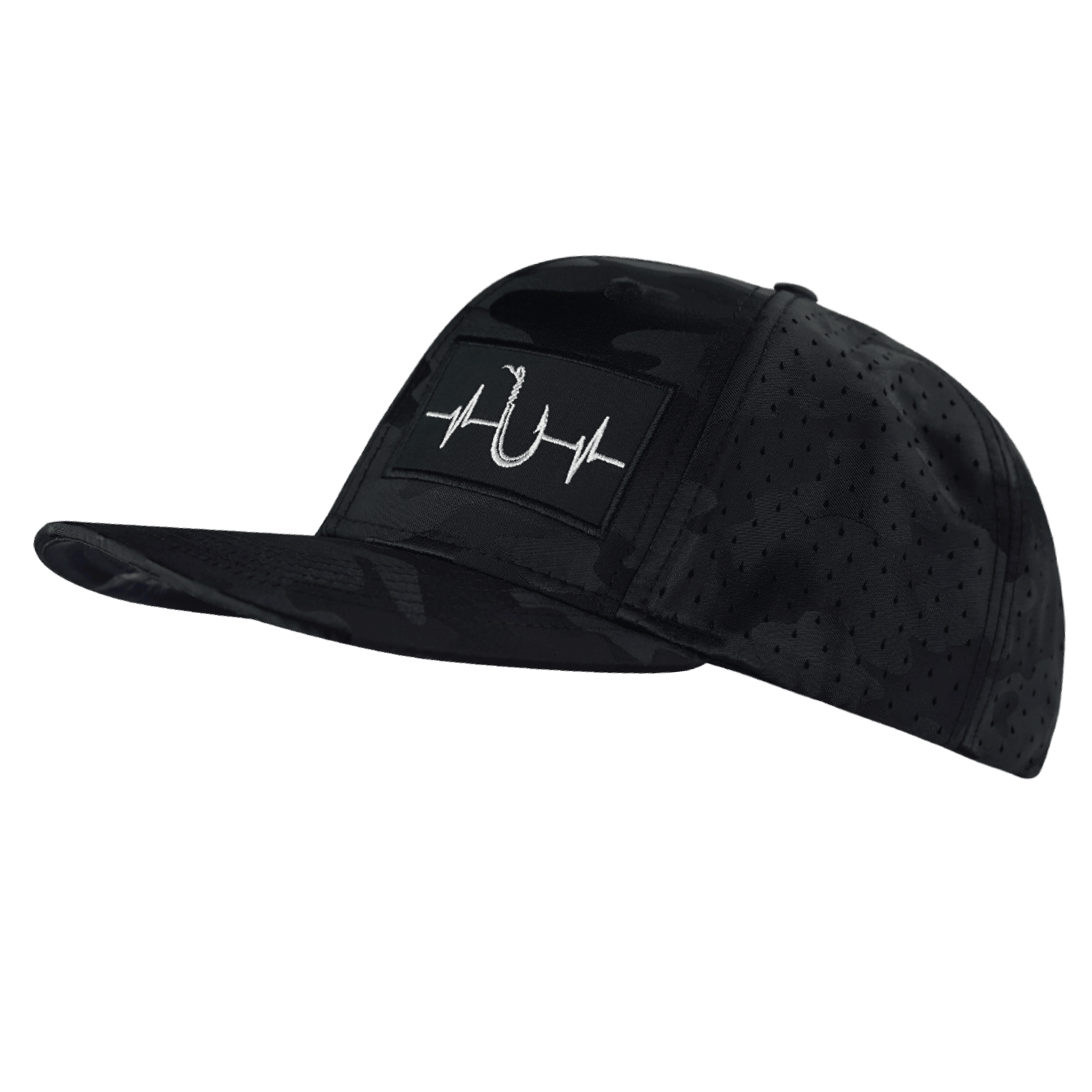 The Heartbeat Brand Fishing Baseball Hat — Black Camo — side view