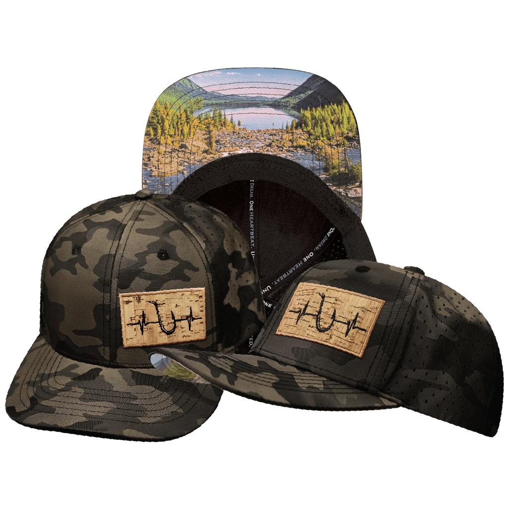 The Heartbeat Brand Fishing Hat - Baseball Hat Fit - Tan Camo - Laser Mesh — main product shot