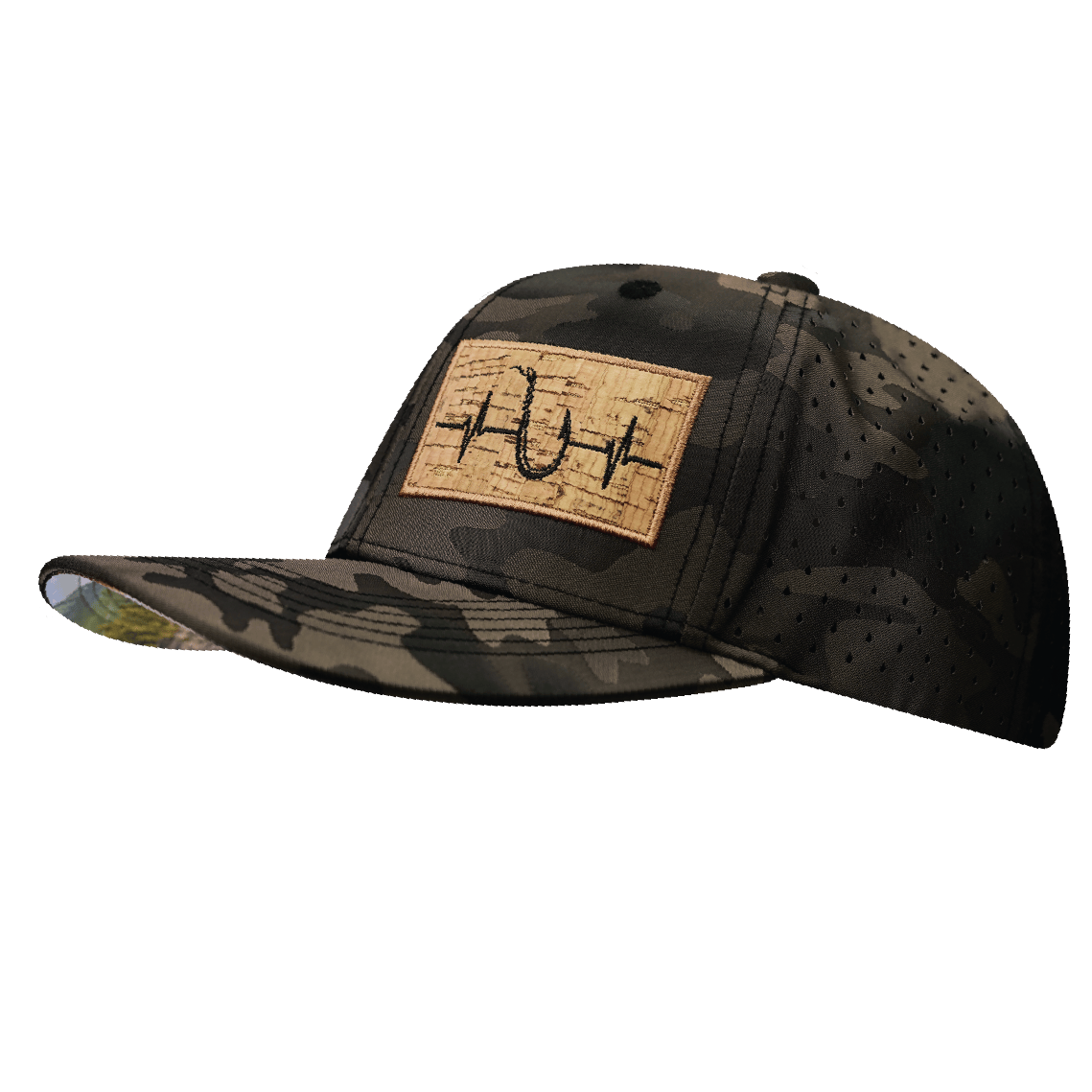 The Heartbeat Brand Fishing Hat - Baseball Hat Fit - Tan Camo - Laser Mesh — side view
