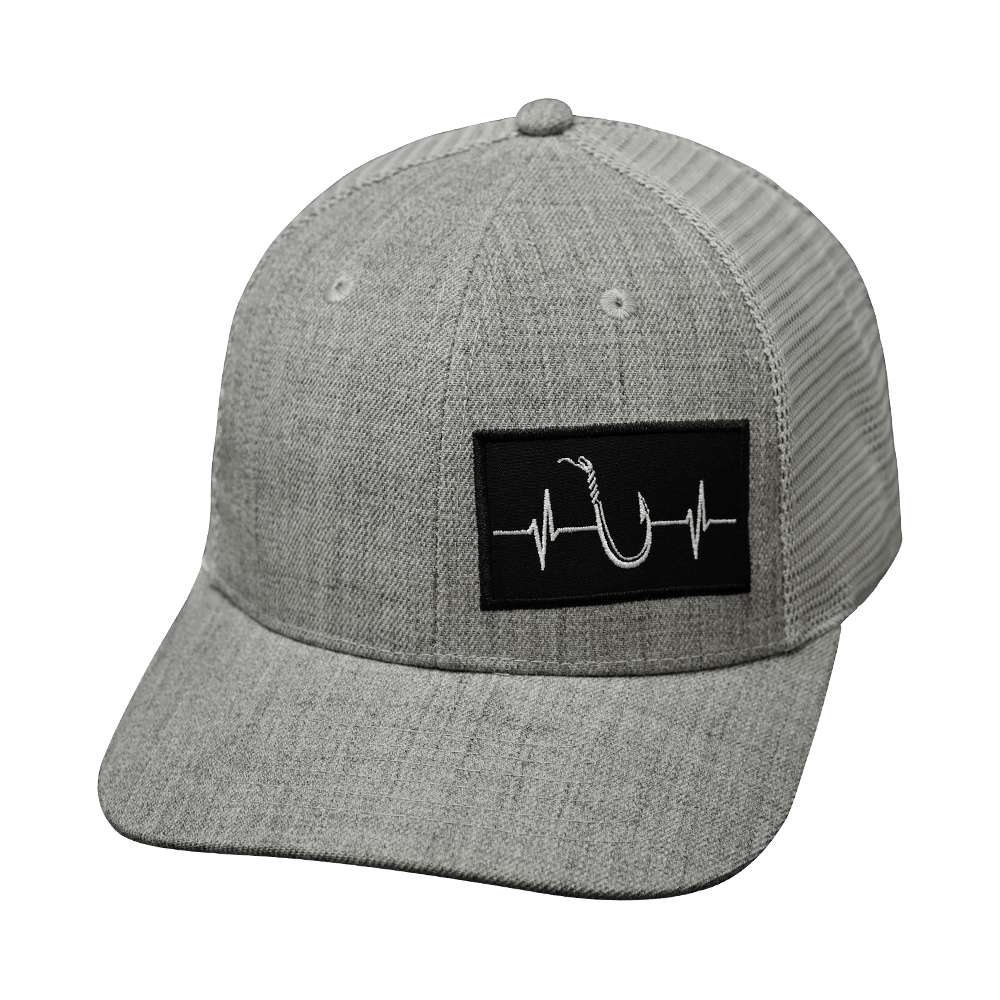 The Heartbeat Brand Fishing Hat - Baseball Hat Fit - Heather Gray / Gray - Trucker Mesh — back view