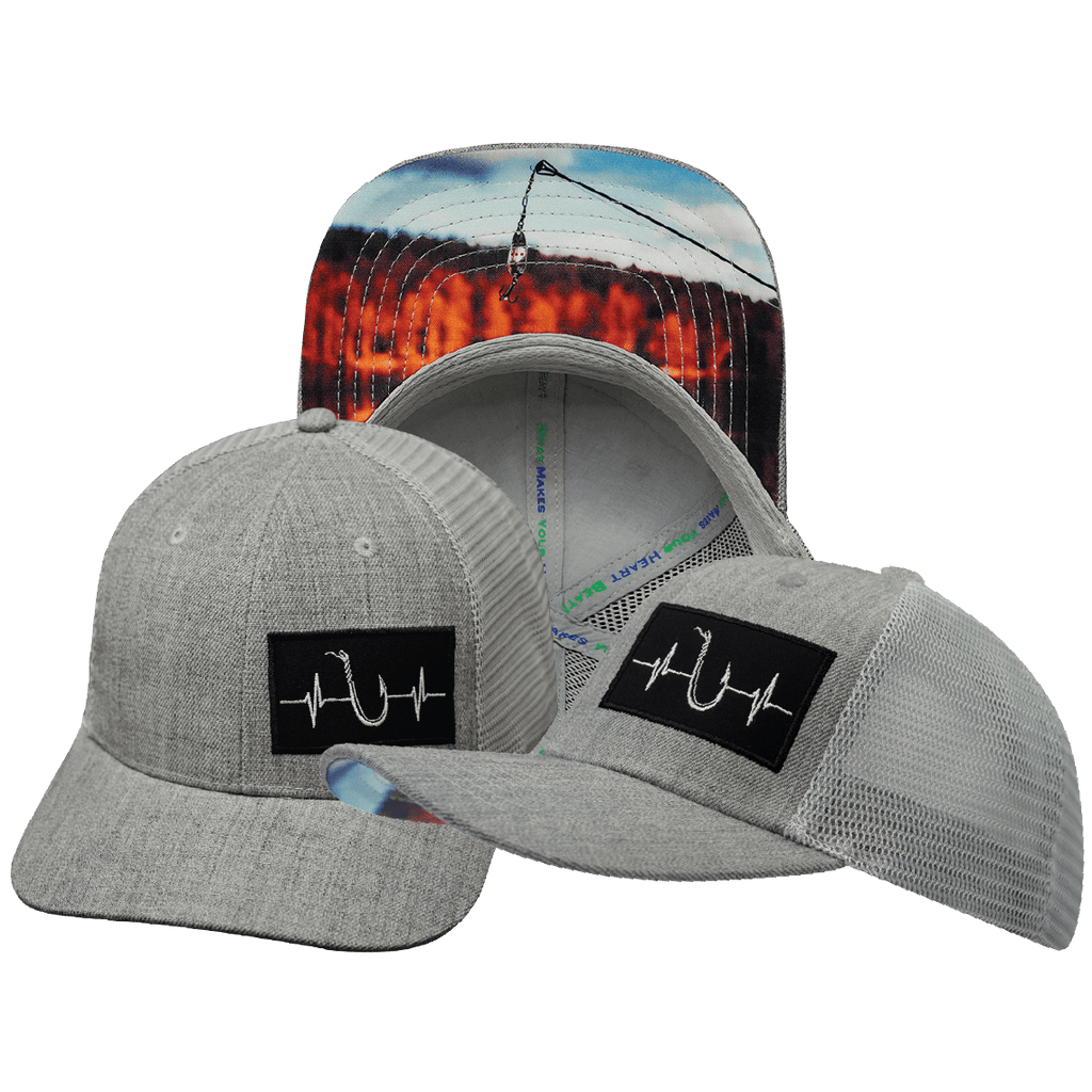 The Heartbeat Brand Fishing Hat - Baseball Hat Fit - Heather Gray / Gray - Trucker Mesh — main product shot
