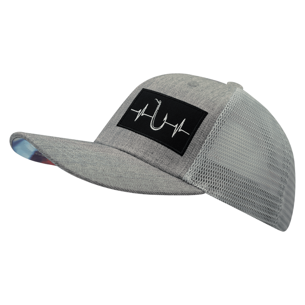 The Heartbeat Brand Fishing Hat - Baseball Hat Fit - Heather Gray / Gray - Trucker Mesh — side view