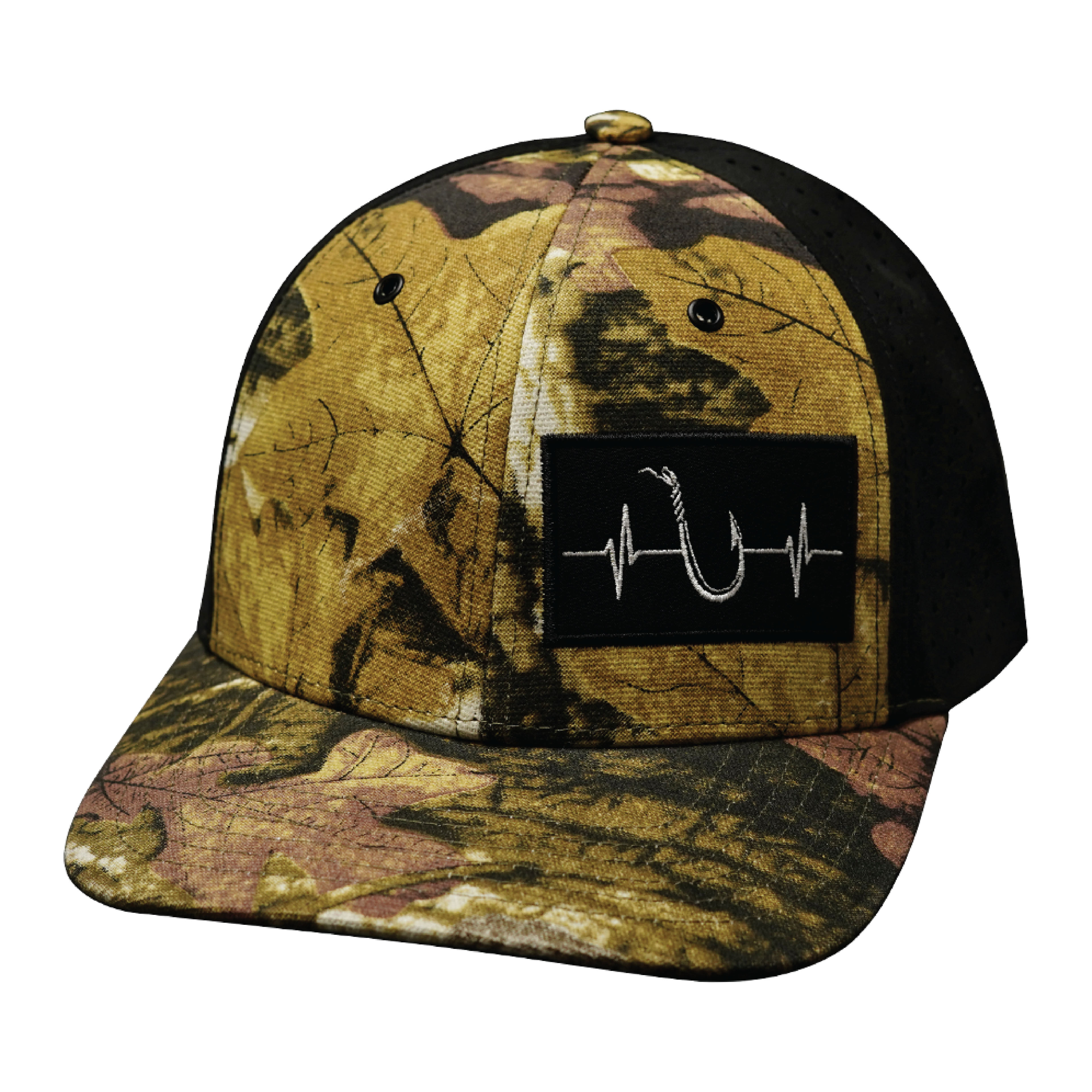 Fishing Hat - Baseball Hat Fit - Maple Leaf Camo / Black - Laser Mesh