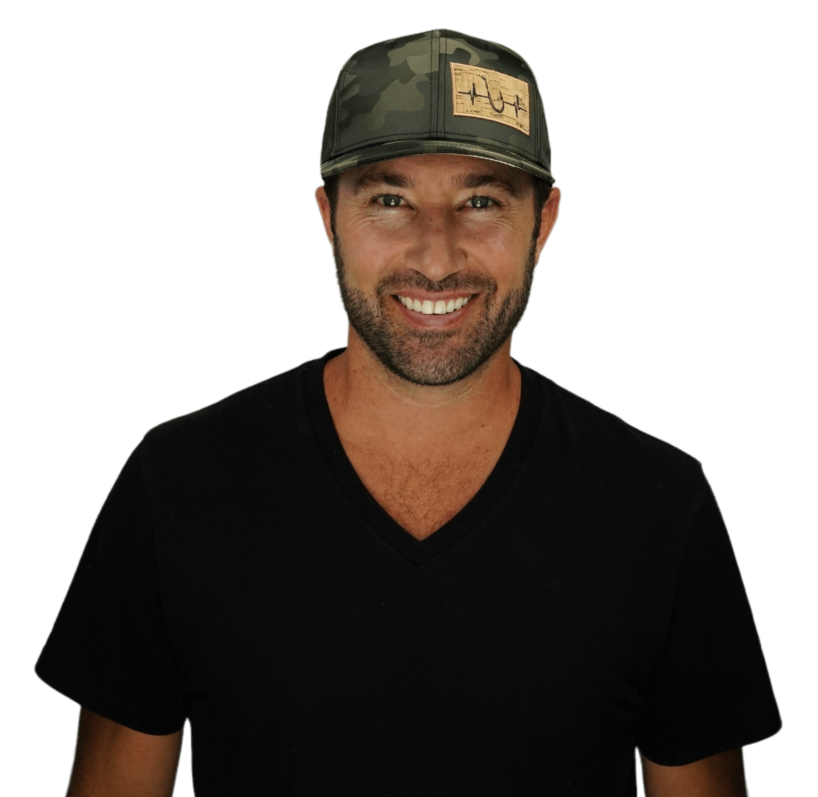 The Heartbeat Brand Fishing Hat - Baseball Hat Fit - Tan Camo - Laser Mesh — detail close-up