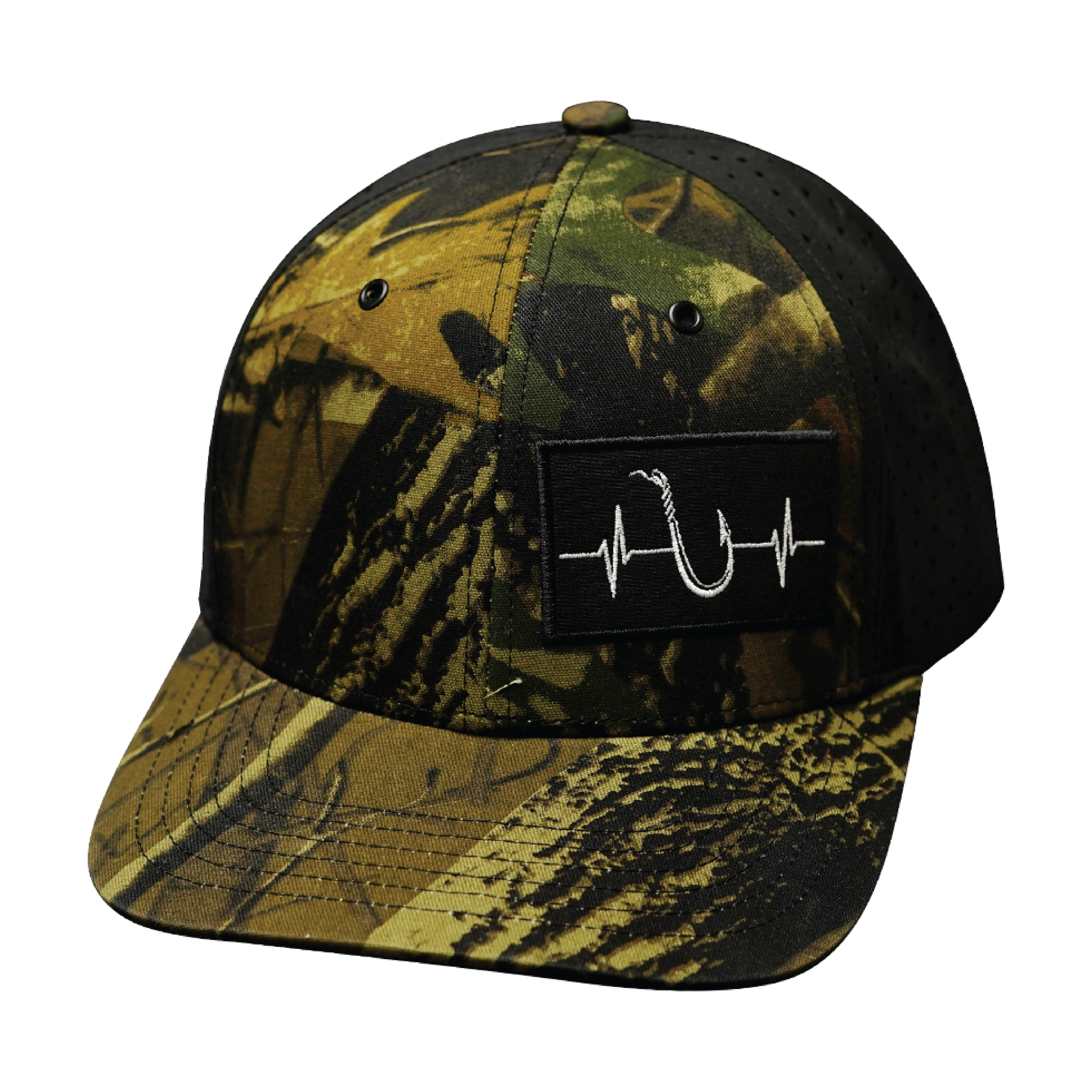 Fishing Hat - Baseball Hat Fit - Tan Tree Camo / Black - Laser Mesh