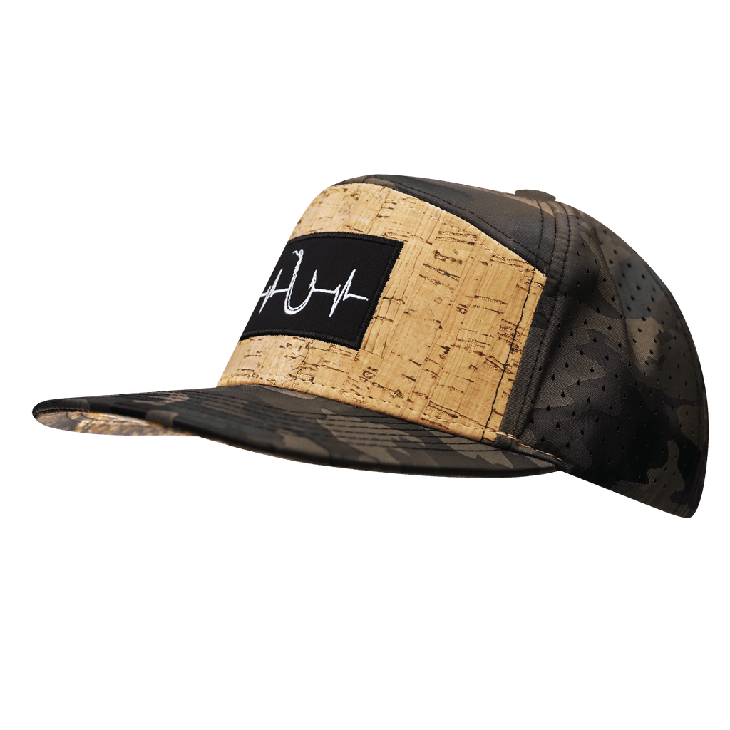 The Heartbeat Brand Fishing Hat - Flat Bill - Cork - Tan Camo - Laser Mesh — side view