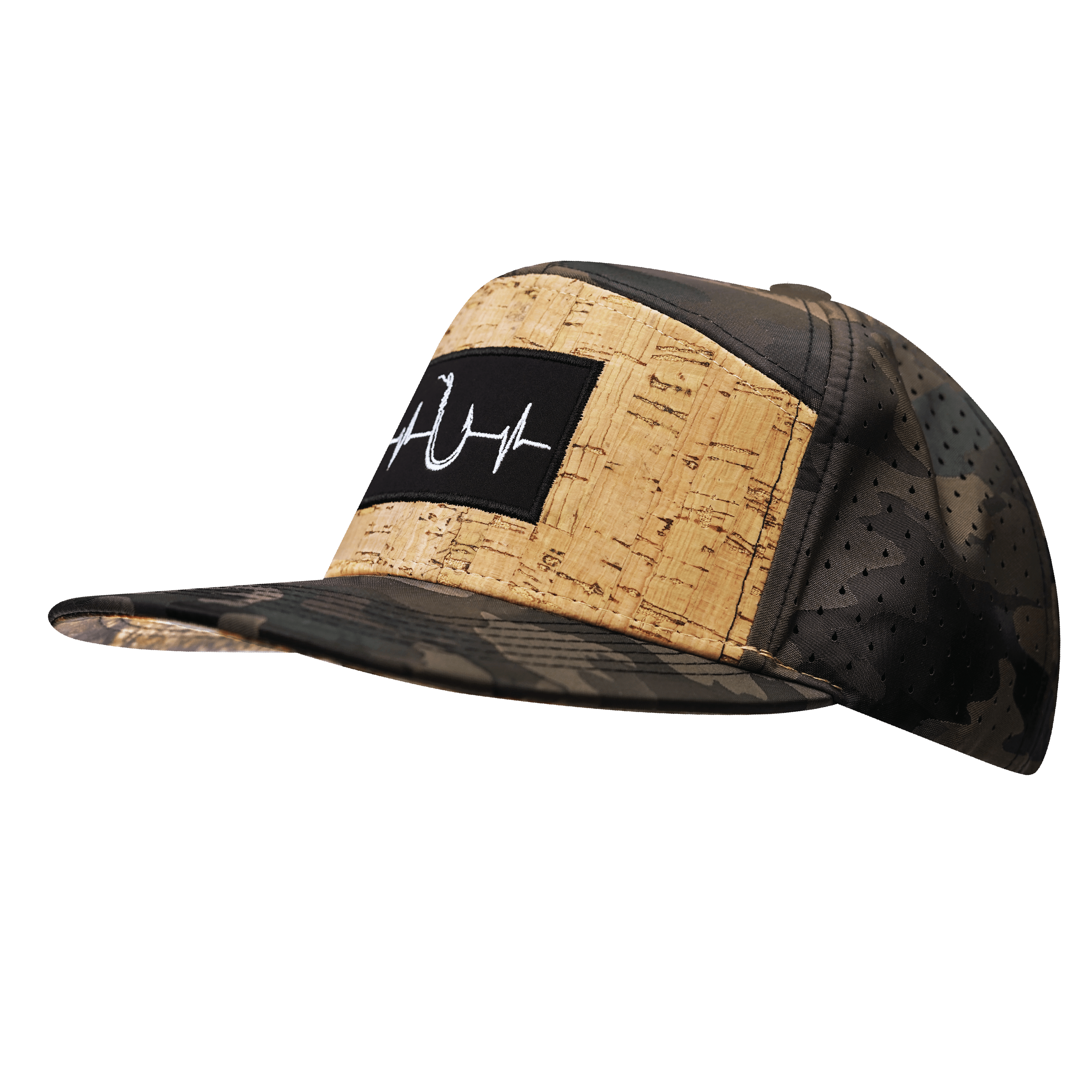 The Heartbeat Brand Fishing Hat - Flat Bill - Cork - Tan Camo - Laser Mesh — side view