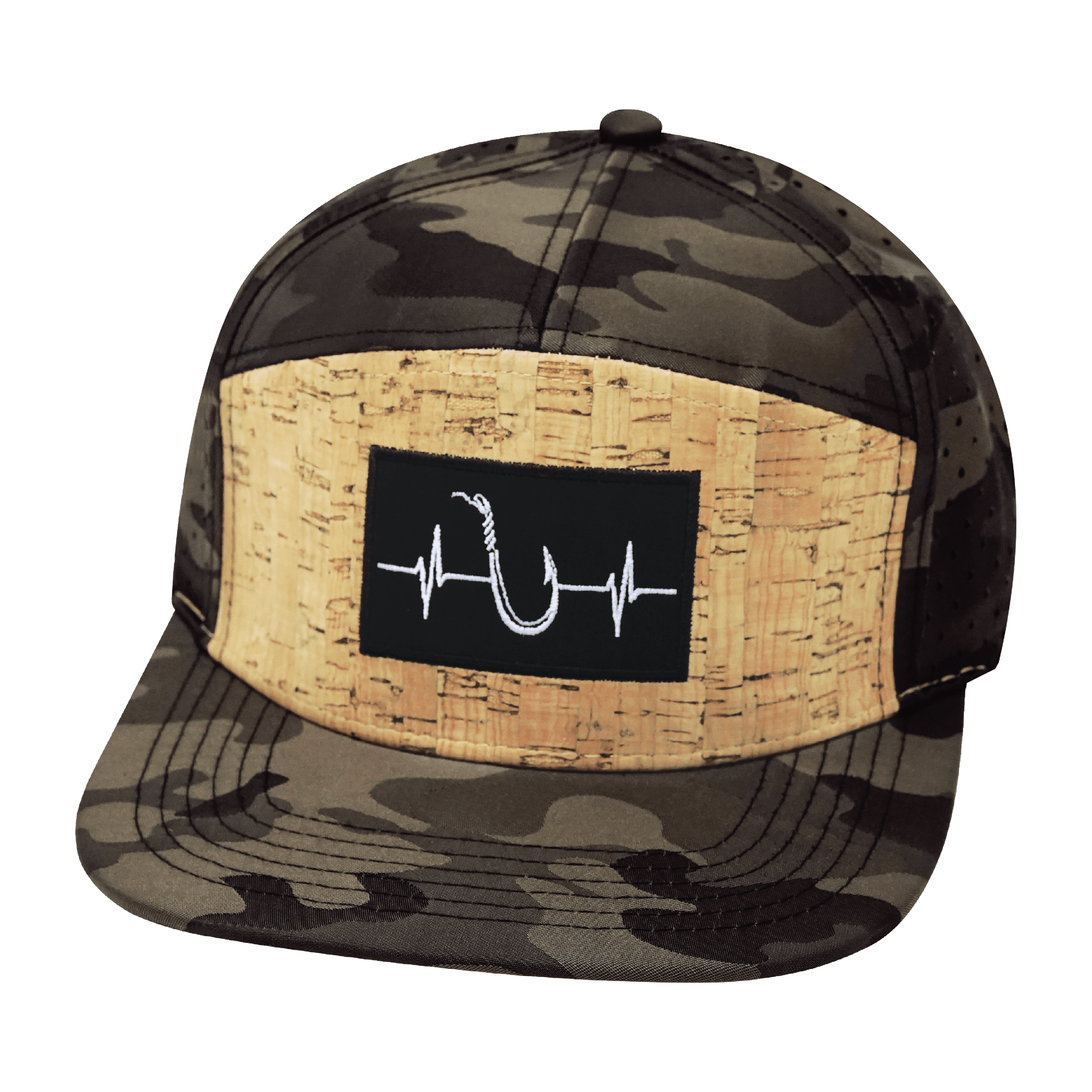 The Heartbeat Brand Fishing Hat - Flat Bill - Cork - Tan Camo - Laser Mesh — back view