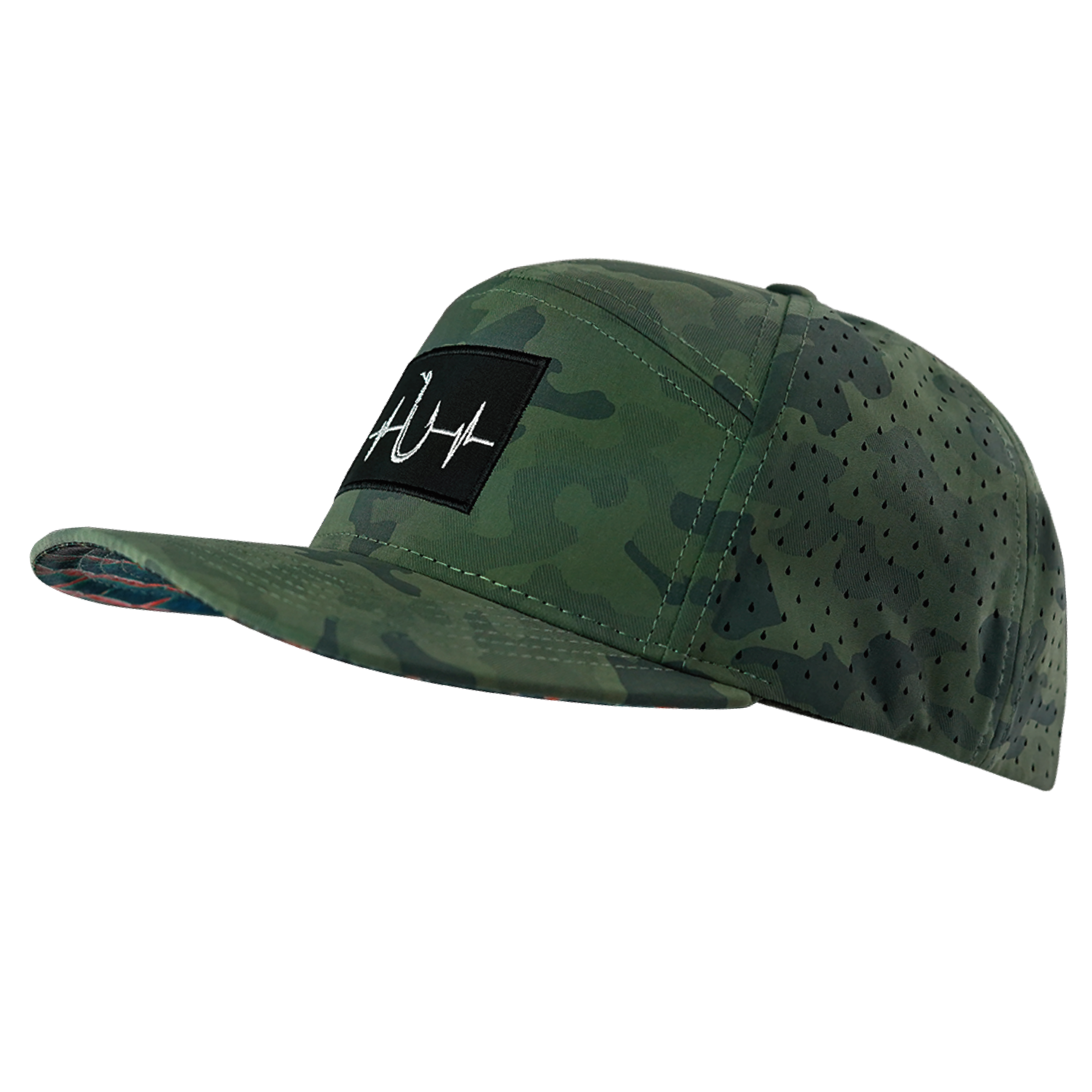 The Heartbeat Brand Fishing Hat - Flat Bill - Soft Teal Camo - Laser Mesh — side view