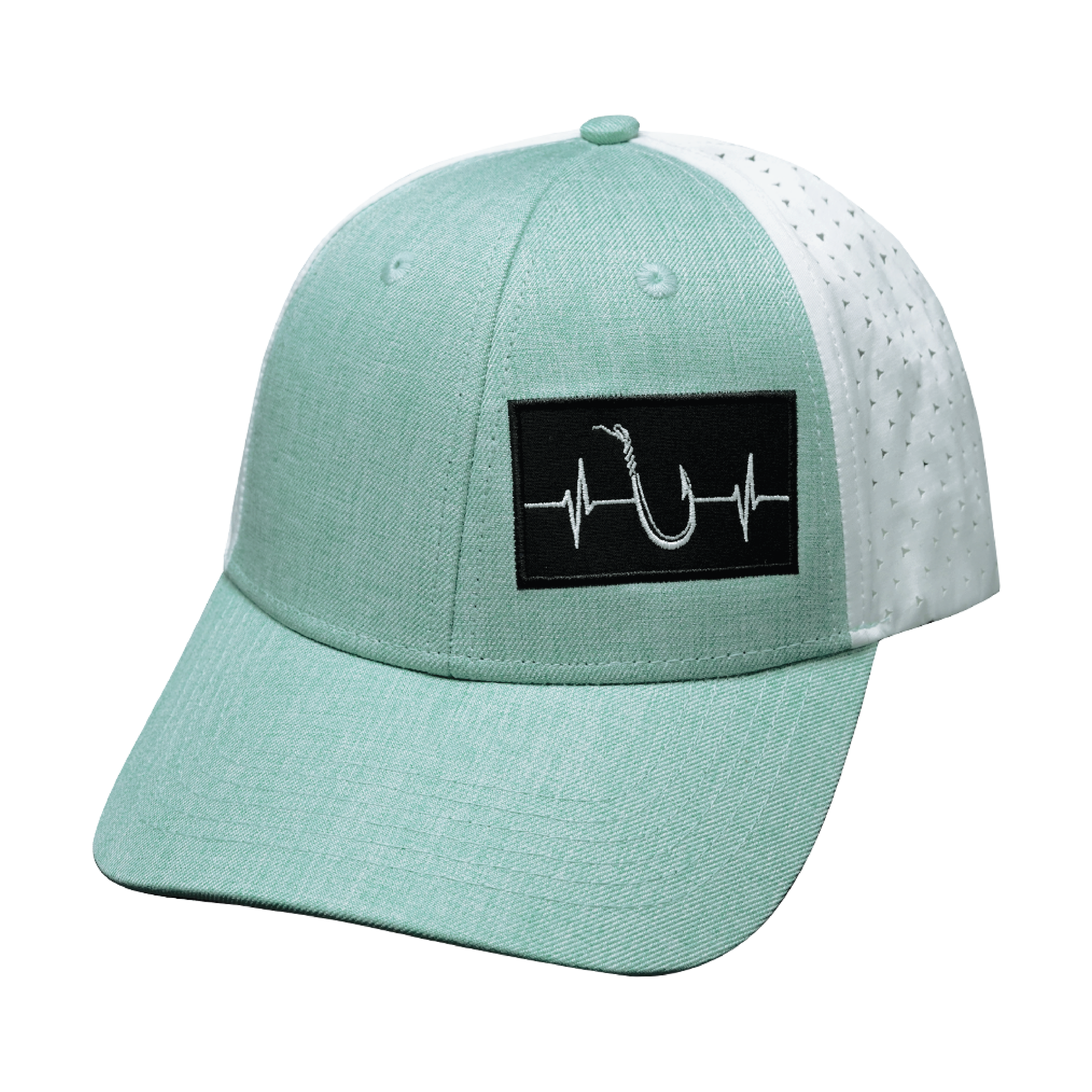 The Heartbeat Brand Fishing Hat - Low Profile - Ponytail - Teal / White - Laser Mesh — in-use photo