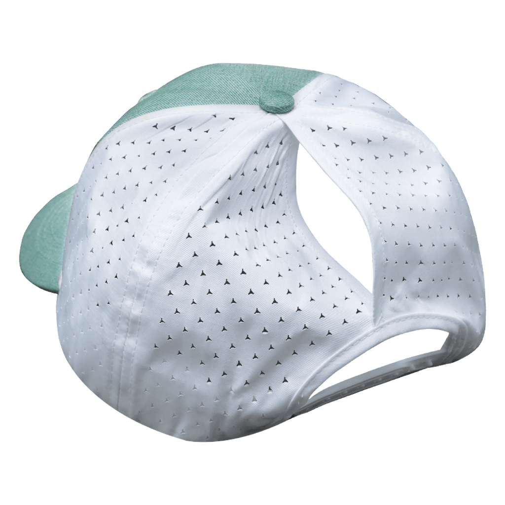 The Heartbeat Brand Fishing Hat - Low Profile - Ponytail - Teal / White - Laser Mesh — color detail