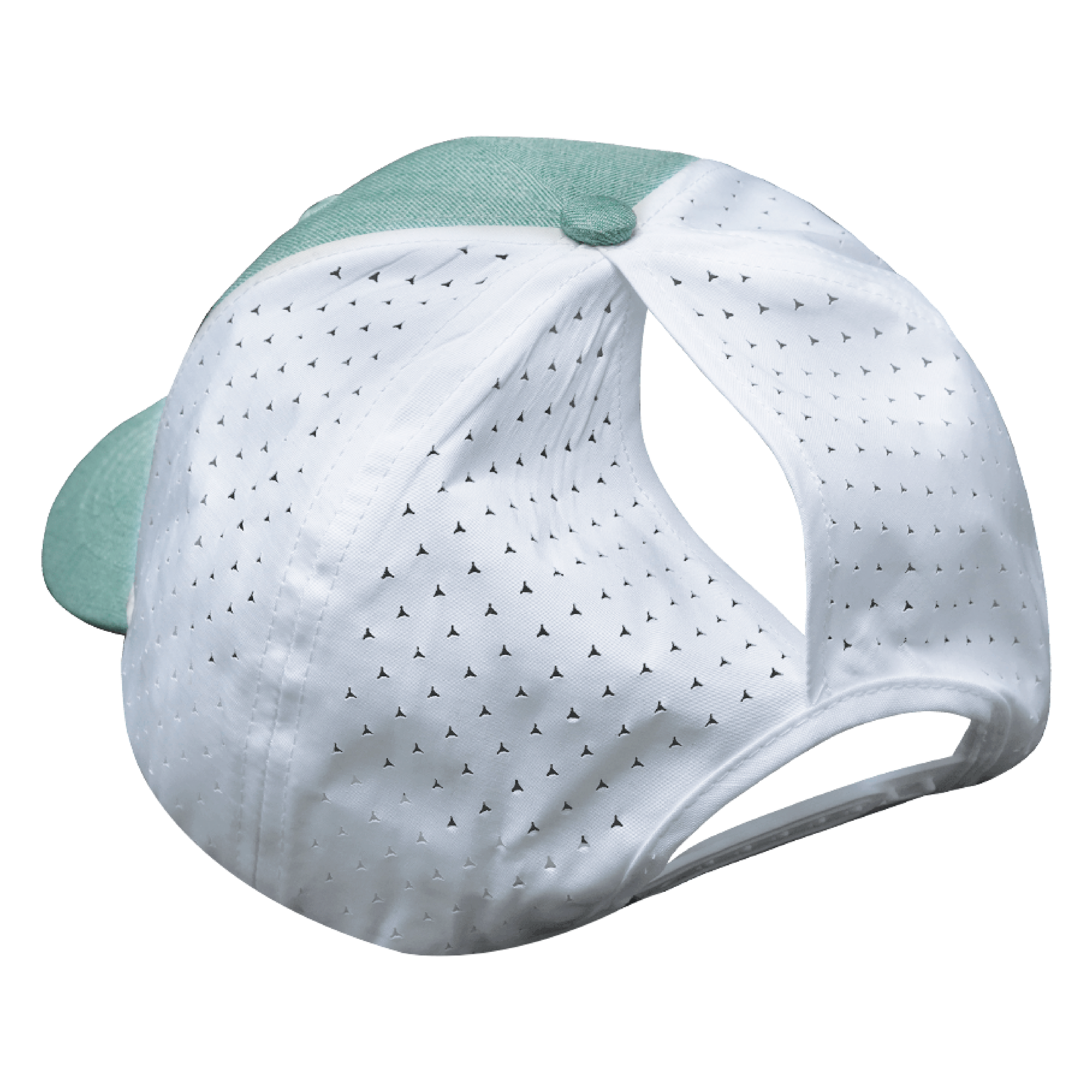 The Heartbeat Brand Fishing Hat - Low Profile - Ponytail - Teal / White - Laser Mesh — color detail