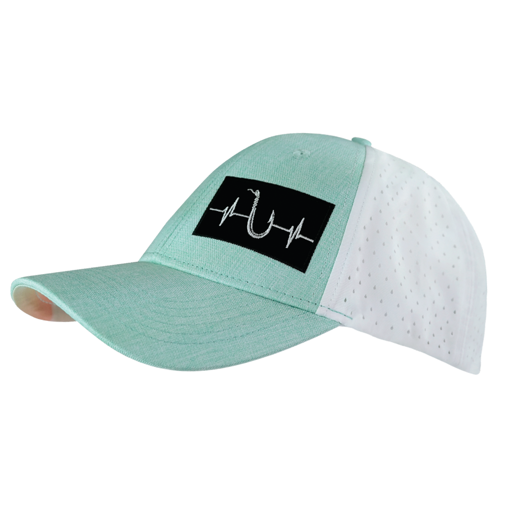 The Heartbeat Brand Fishing Hat - Low Profile - Ponytail - Teal / White - Laser Mesh — alternative angle