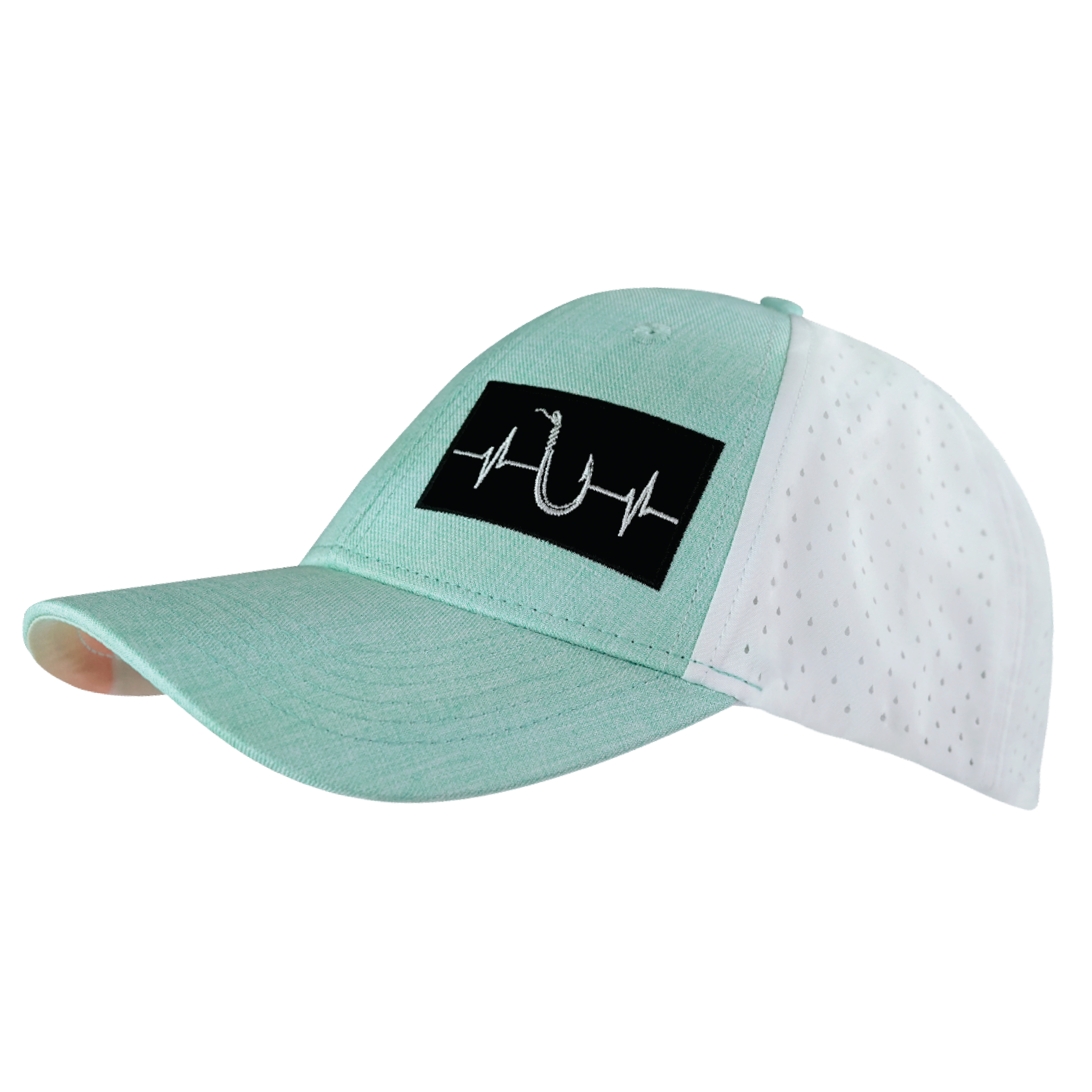 The Heartbeat Brand Fishing Hat - Low Profile - Ponytail - Teal / White - Laser Mesh — alternative angle