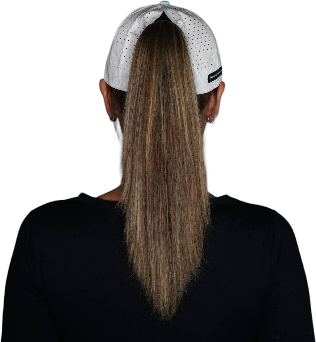 The Heartbeat Brand Fishing Hat - Low Profile - Ponytail - Teal / White - Laser Mesh — side view