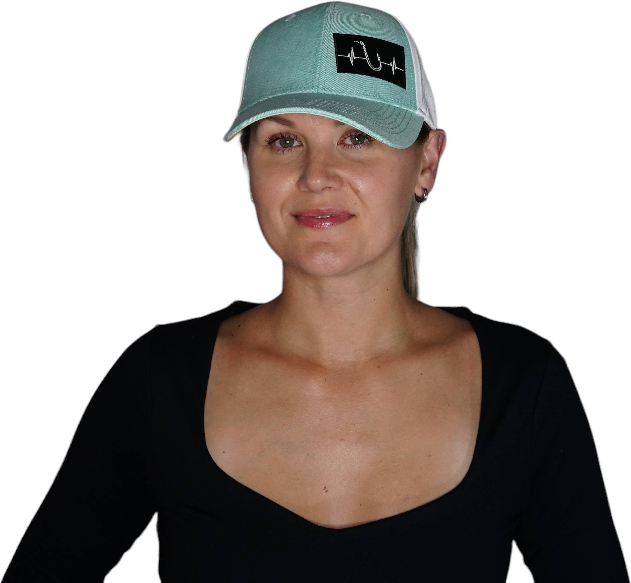 The Heartbeat Brand Fishing Hat - Low Profile - Ponytail - Teal / White - Laser Mesh — detail close-up