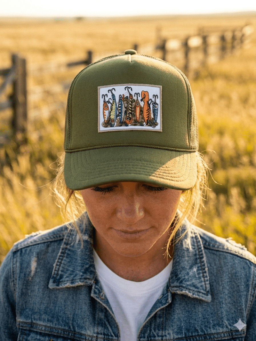 Wild Junkie Fishing Lures Embroidered Patch Trucker Hat — construction detail