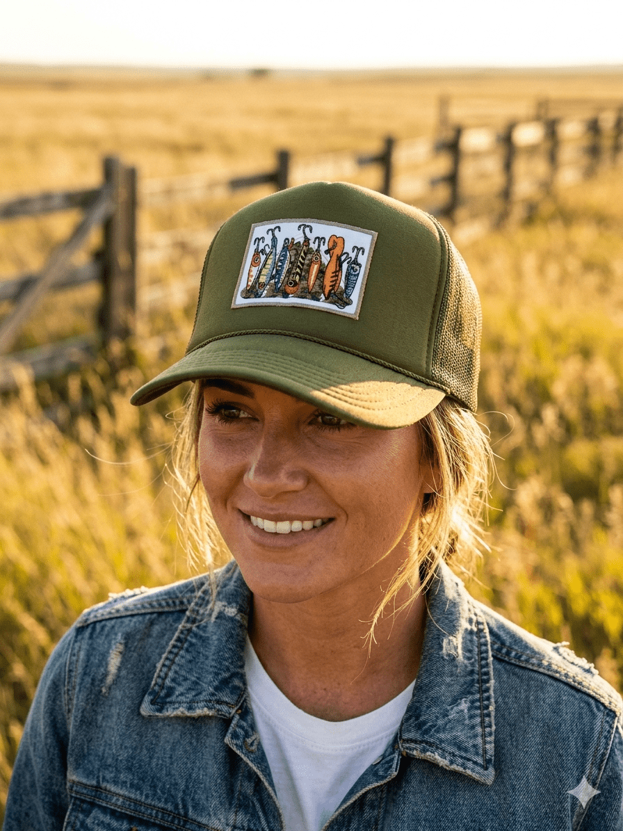 Wild Junkie Fishing Lures Embroidered Patch Trucker Hat — hats category context