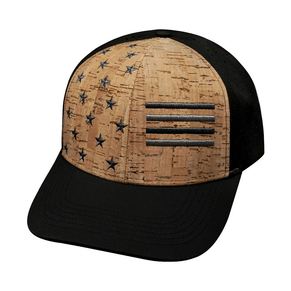 The Heartbeat Brand Flag Hat - Baseball Hat Fit - Cork - Black - Laser Mesh — main product shot