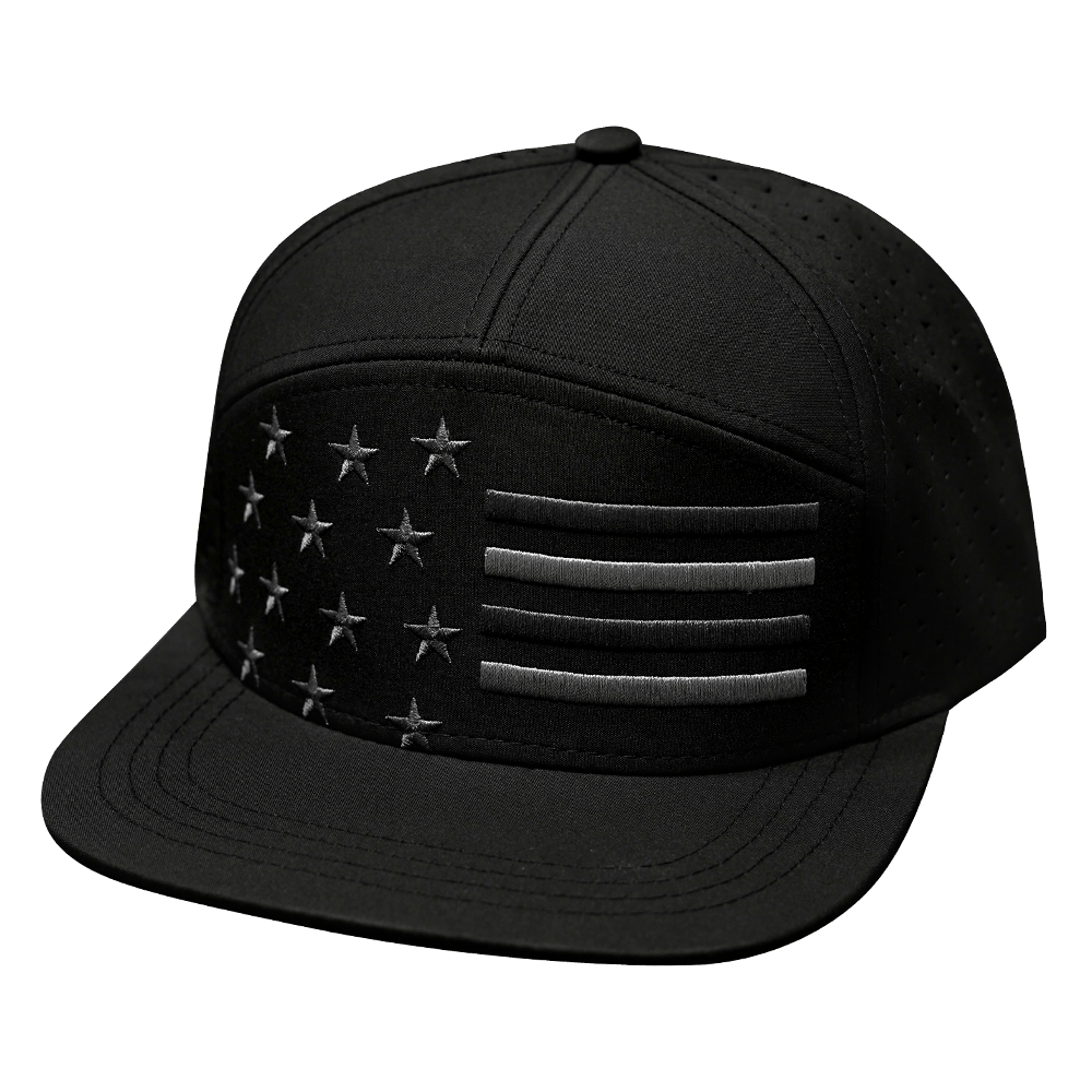 The Heartbeat Brand Flag Hat - Flat Bill - Black - Laser Mesh — main product shot