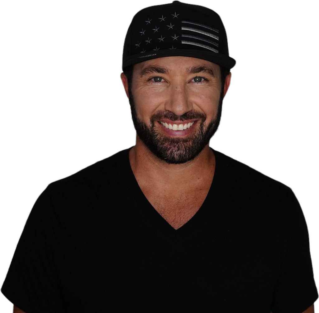 The Heartbeat Brand Flag Hat - Flat Bill - Black - Laser Mesh — detail close-up