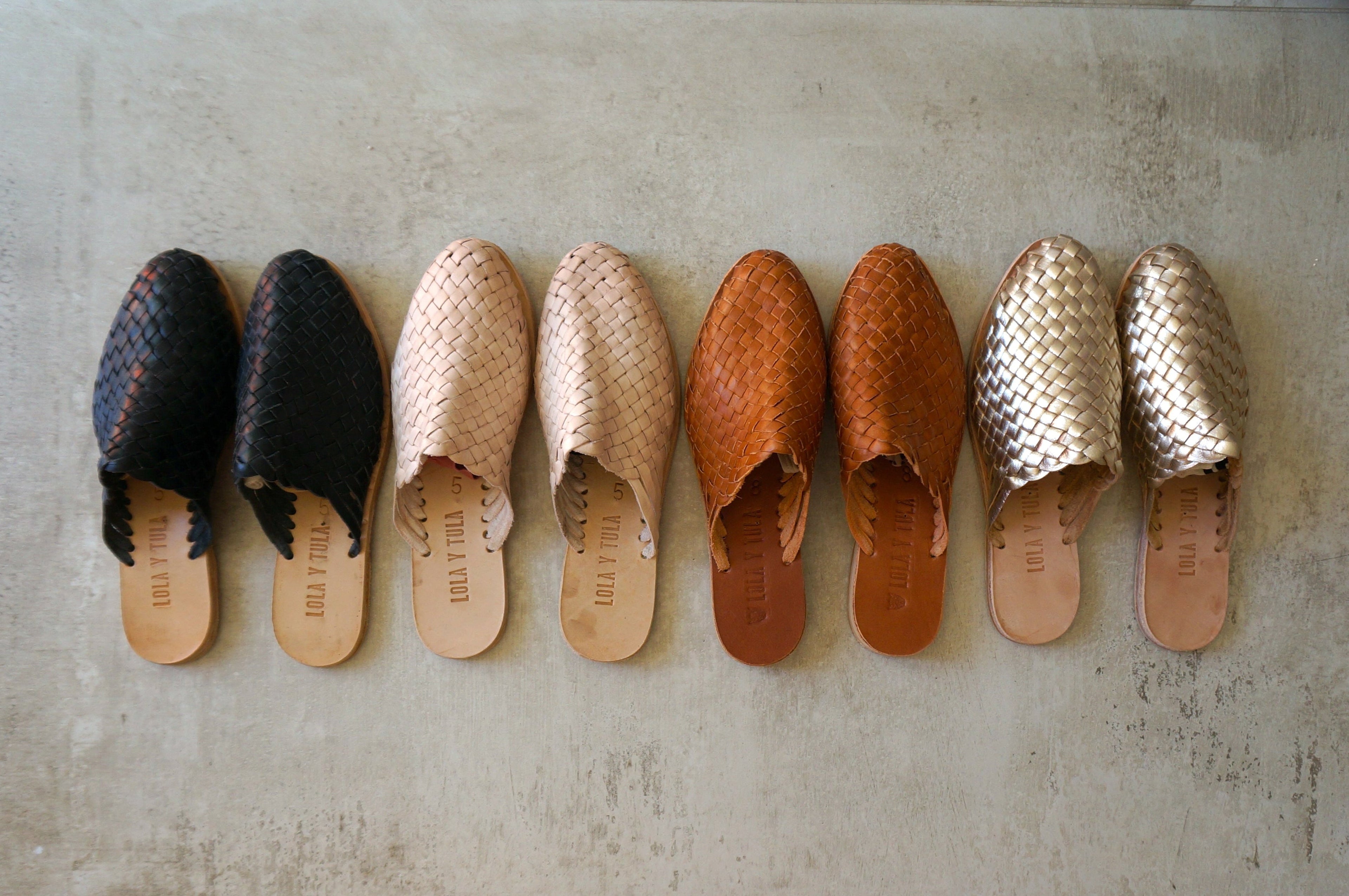 LOLA Y TULA Hand Woven Leather Slides Camel — side view