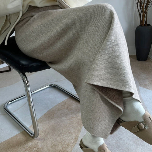 Winter Fleece Midi Skirt | Warm Knit High-Waist Skirt with Side Slit (MS207)