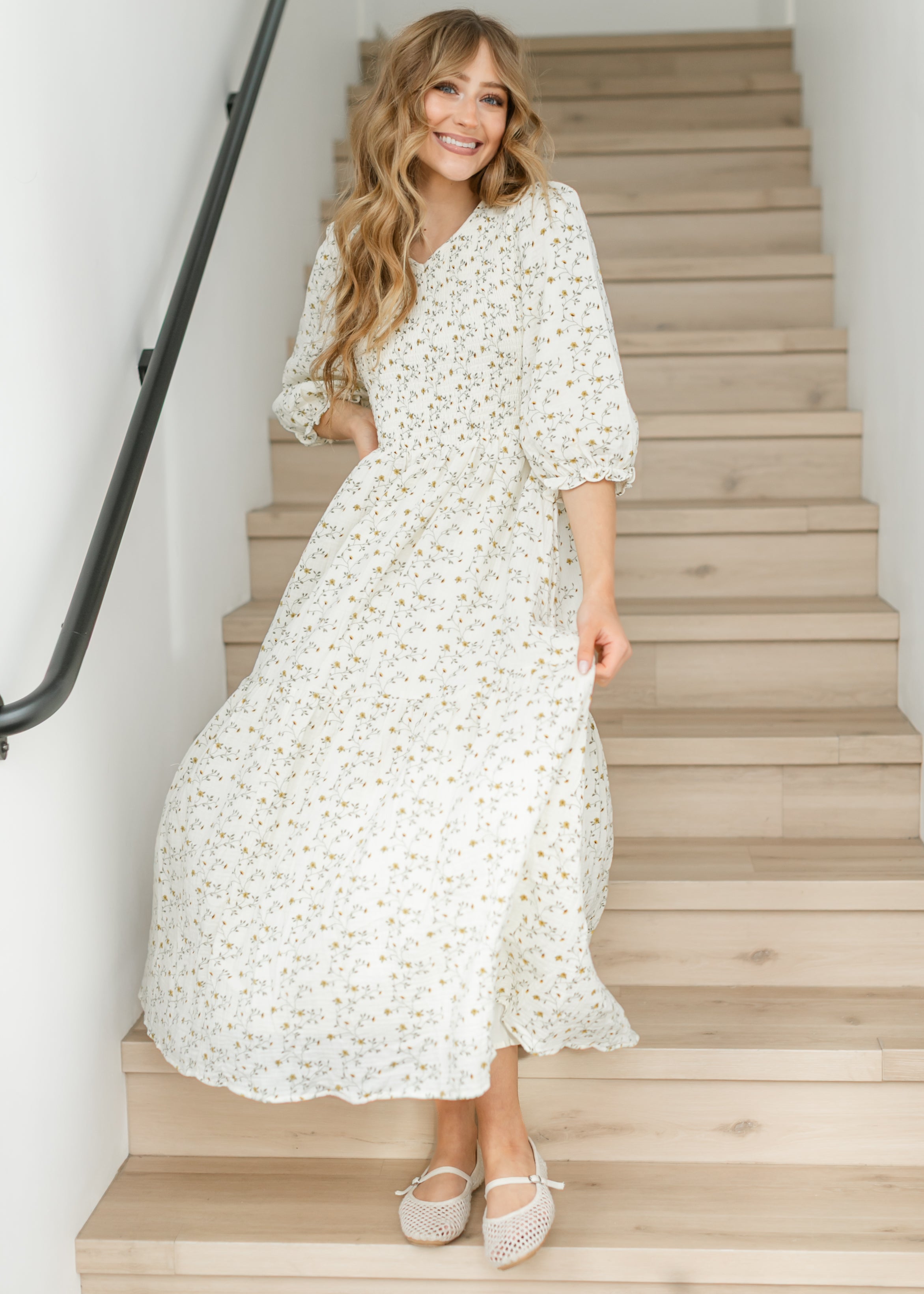Inherit Co. Flora Smocked Midi Dress — in-use photo