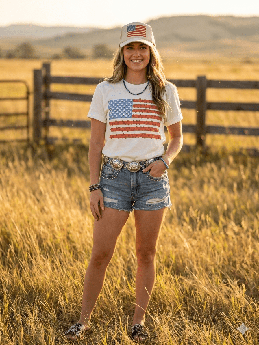 Wild Junkie Floral American Flag Graphic Tee — construction detail