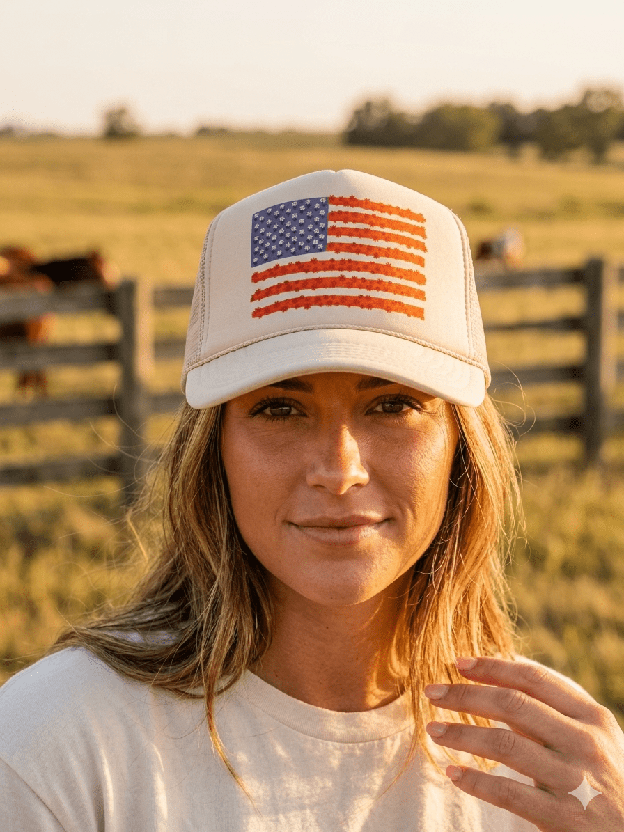 Wild Junkie Floral American Flag Trucker Hat — construction detail