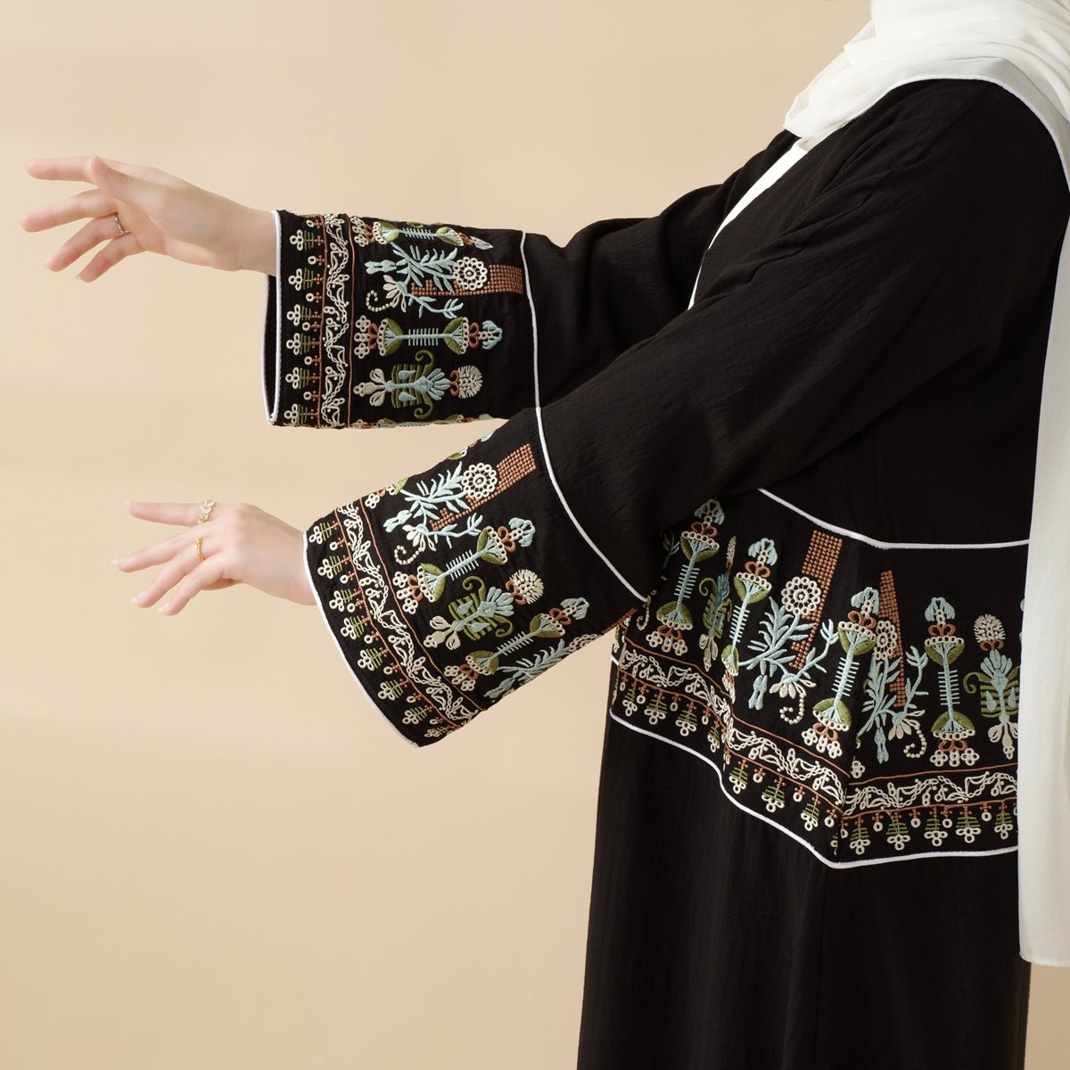 Mariam's Collection Mariam's Collection Floral Embroidered Crepe Open Abaya (MOA128) — construction detail