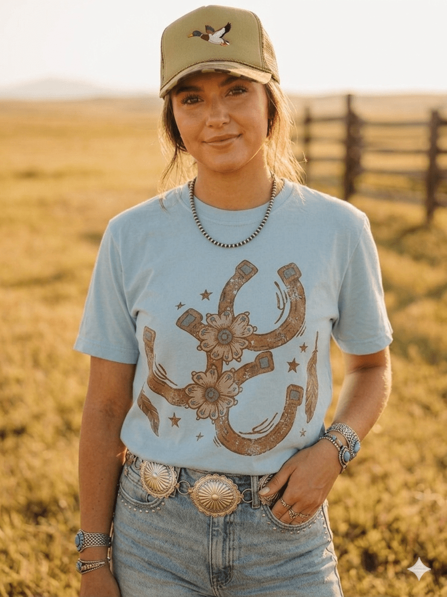 Wild Junkie Floral Horseshoe Graphic Tee - Bay — lifestyle worn / used context