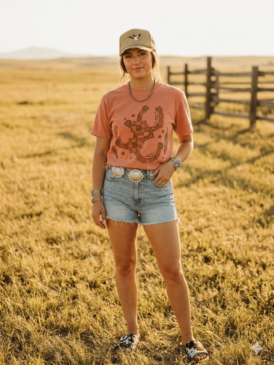 Wild Junkie Floral Horseshoe Graphic Tee - Terracotta — Wild Junkie branding close-up