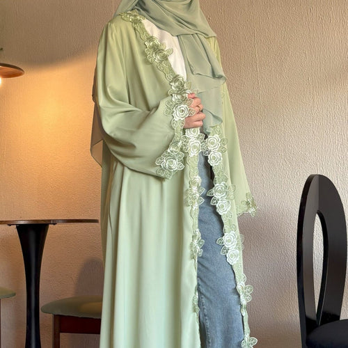 Floral Lace Trim Abaya with Hijab (MOA264)