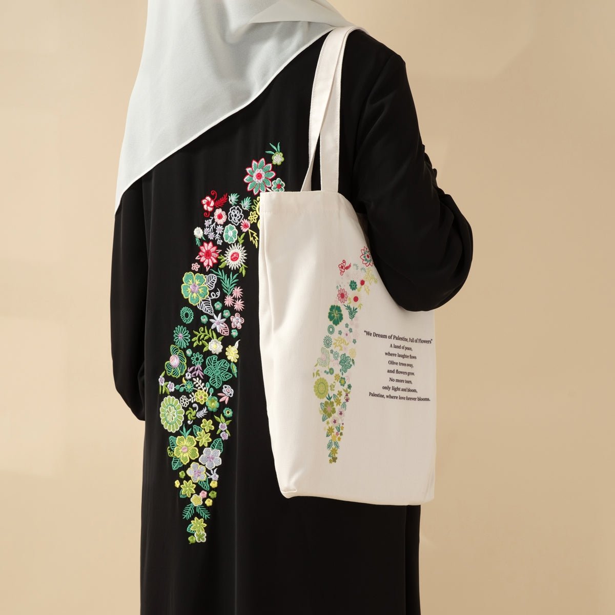Mariam's Collection Floral Palestine Tote Bag – Love Forever Blooms (MAC236) — Mariam's Collection branding close-up