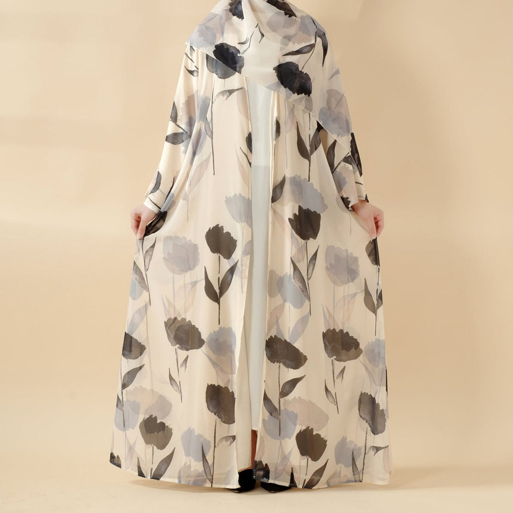 Mariam's Collection Floral Pattern Open Abaya | 2-Piece Set Lightweight Printed Open Abaya (MOA124) — construction detail
