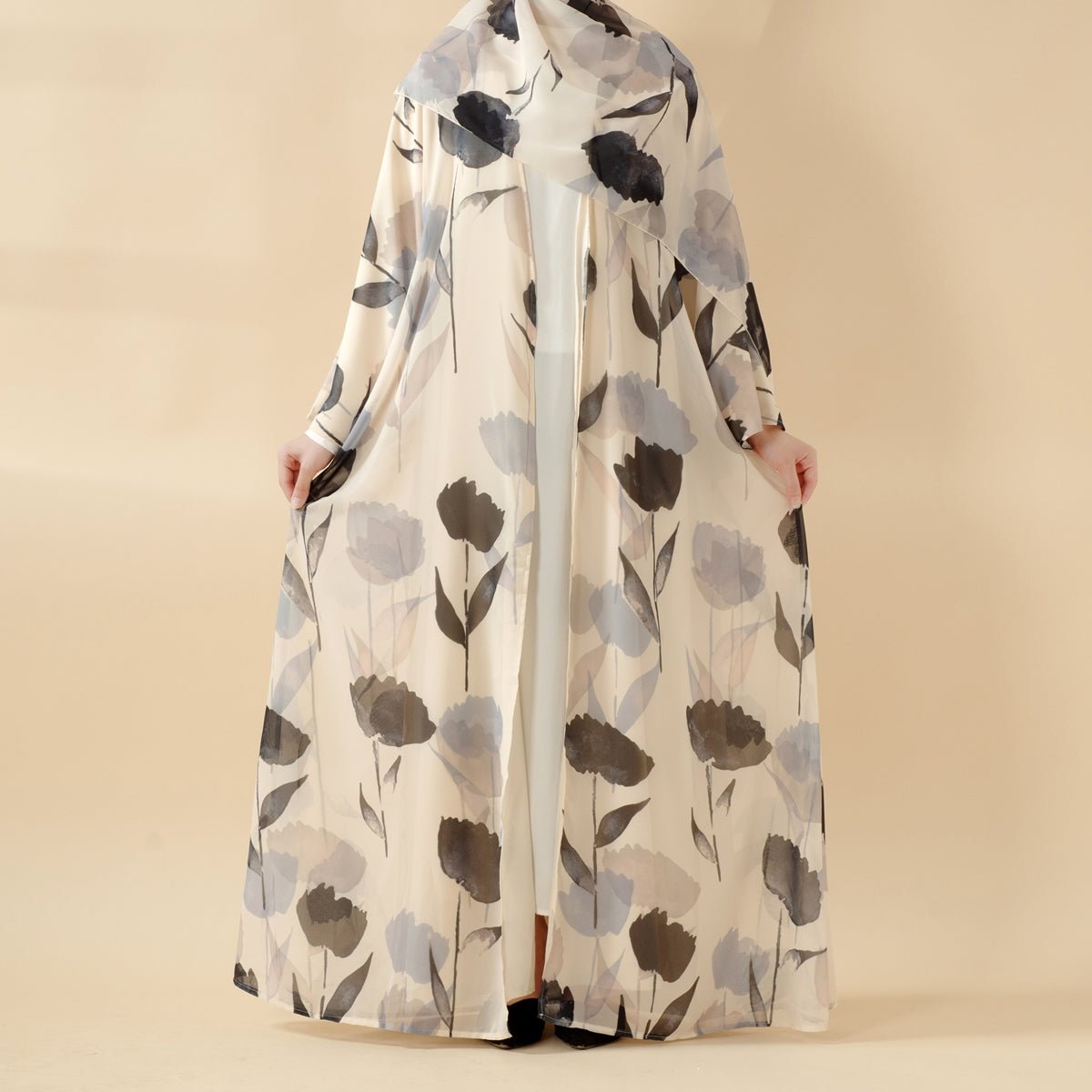 Mariam's Collection Floral Pattern Open Abaya | 2-Piece Set Lightweight Printed Open Abaya (MOA124) — construction detail