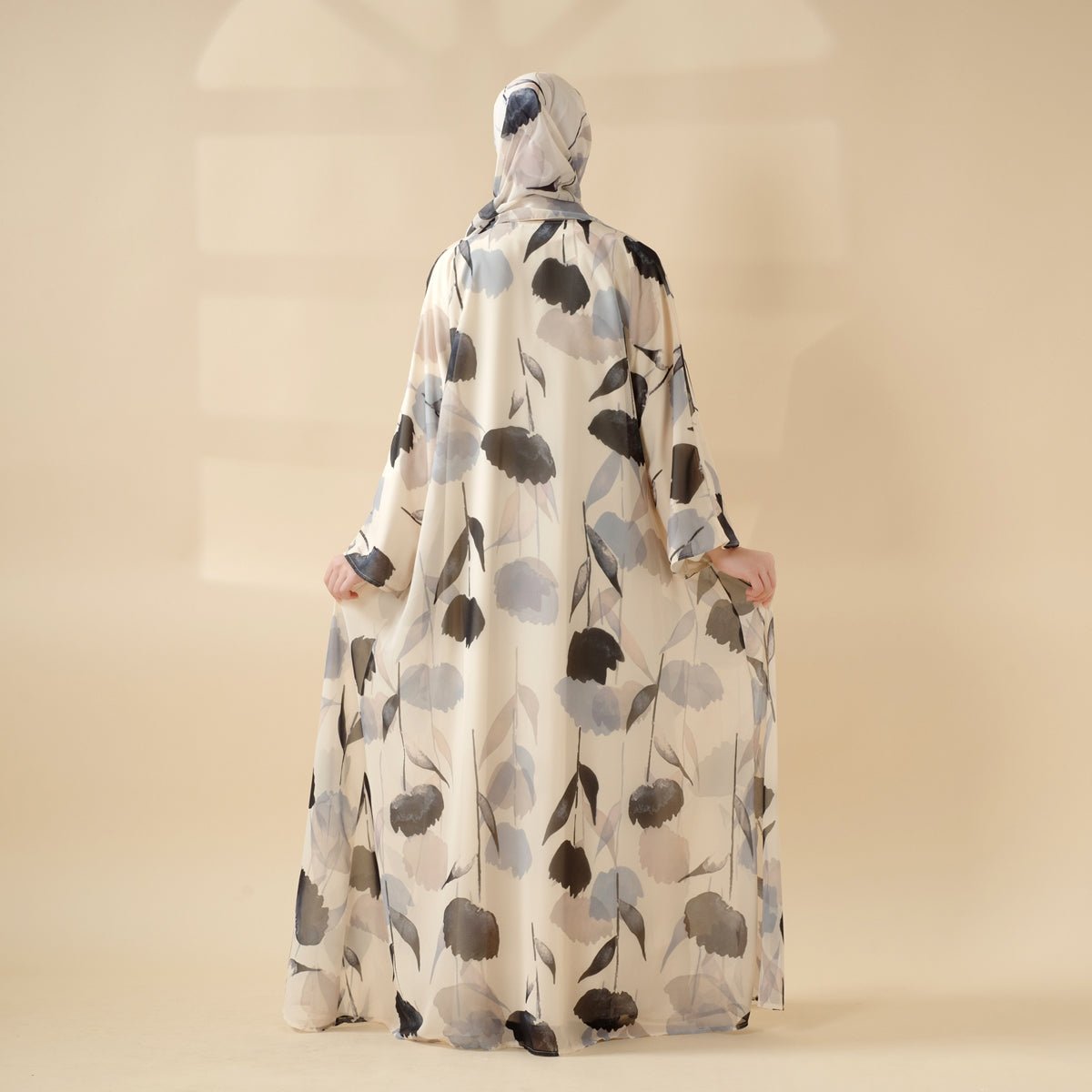 Mariam's Collection Floral Pattern Open Abaya | 2-Piece Set Lightweight Printed Open Abaya (MOA124) — Mariam's Collection branding close-up