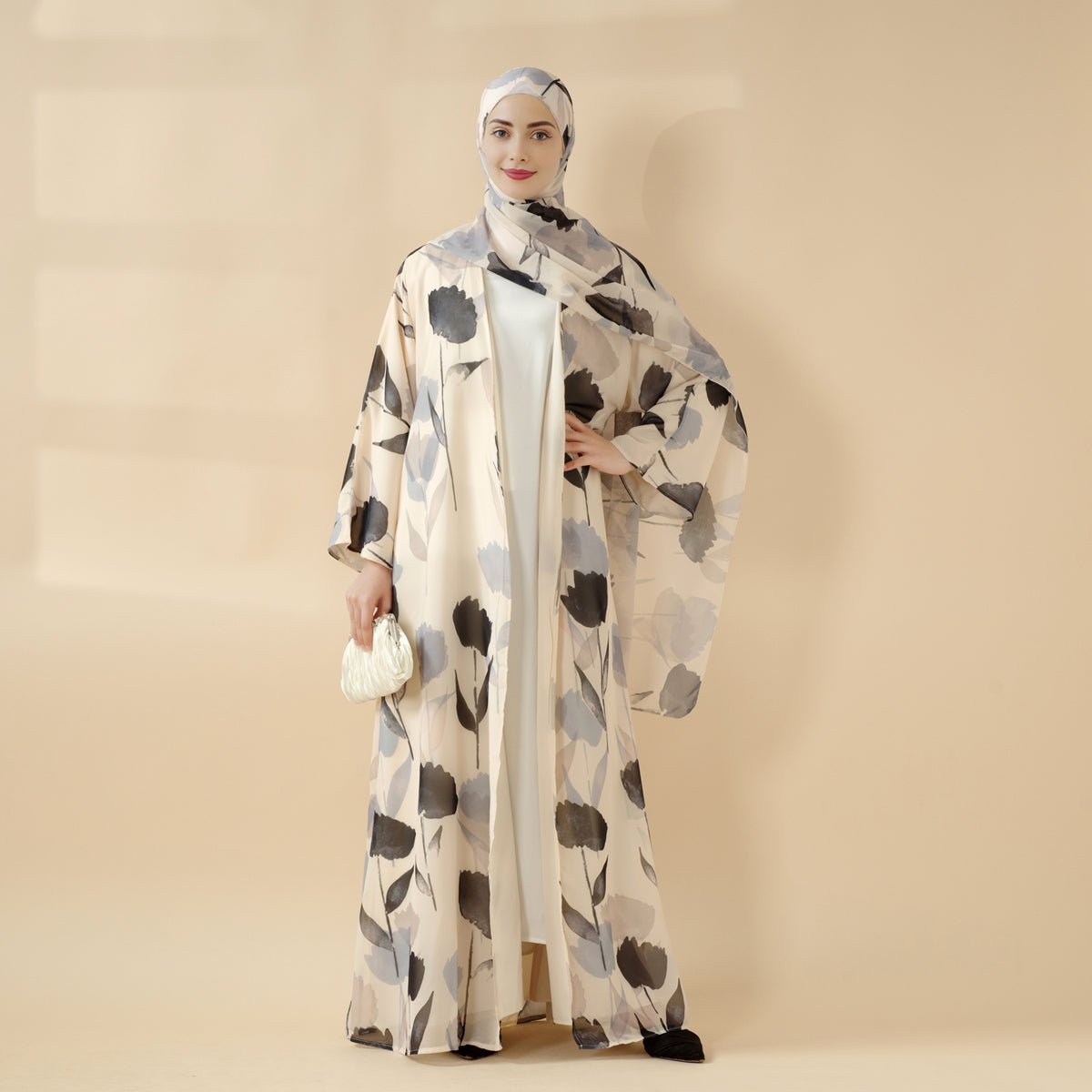 Mariam's Collection Floral Pattern Open Abaya | 2-Piece Set Lightweight Printed Open Abaya (MOA124) — main product shot