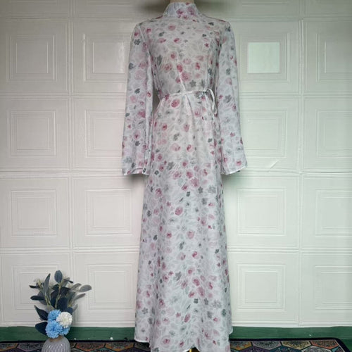 Floral Print Flared-Sleeve Waist Belt Maxi Dress(MS482)