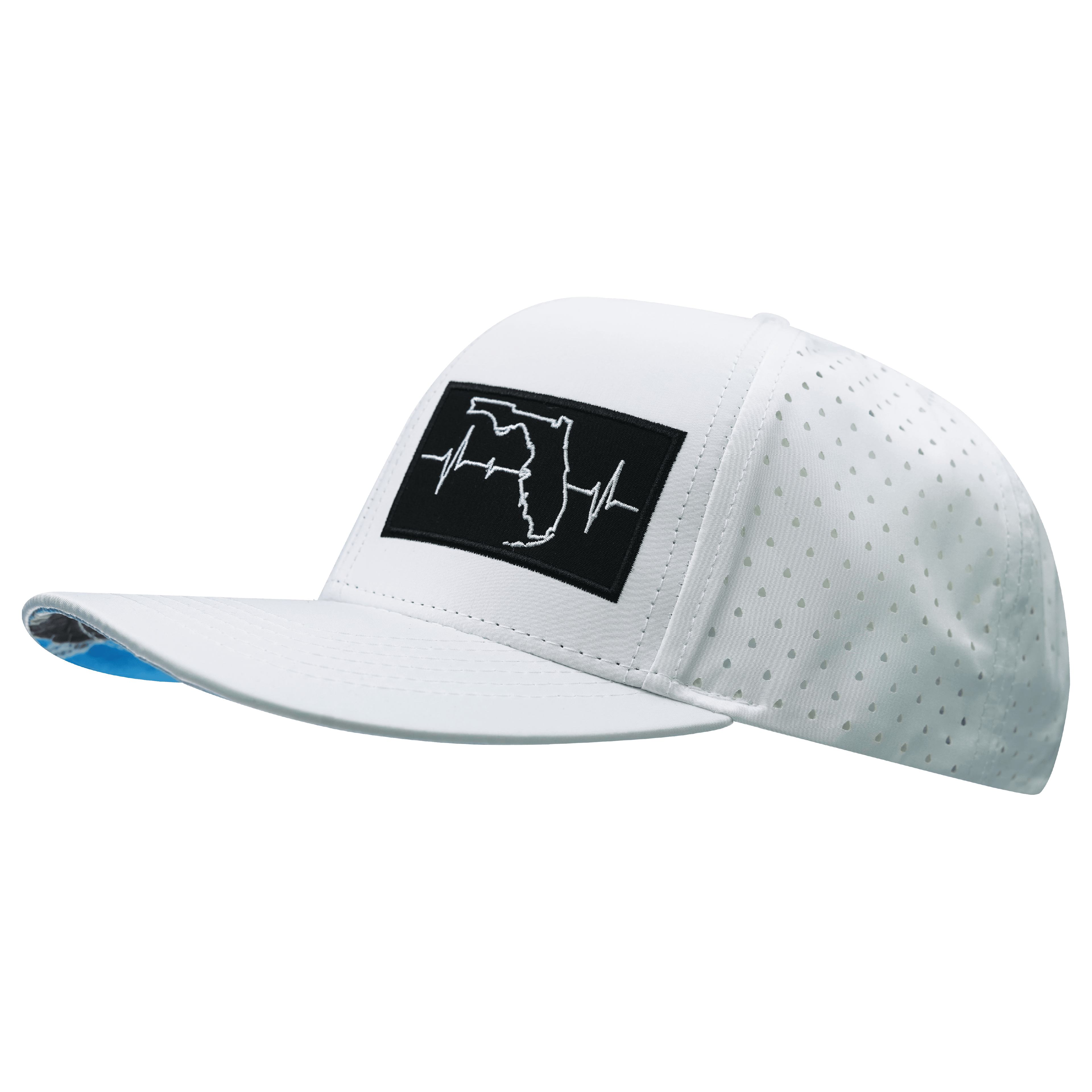 The Heartbeat Brand Florida Hat - Baseball Hat Fit - White - Laser Mesh — The Heartbeat Brand branding close-up
