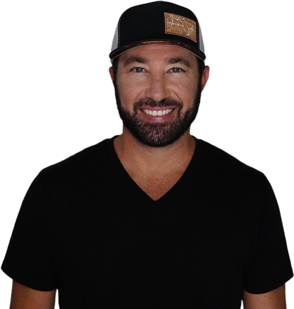 The Heartbeat Brand Florida Hat - Baseball Hat Fit - Black / Gray - Trucker Mesh — detail close-up