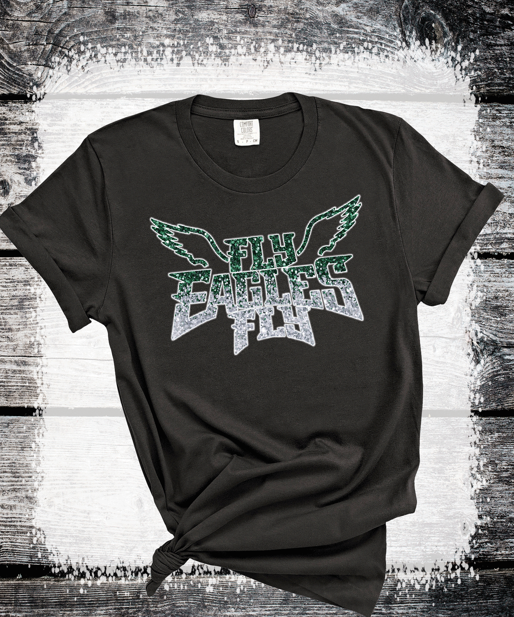 A Blessed Texas Mess Boutique EAGLES Fly Birds Fly Faux Glitter Bling Philadelphia Football Sweatshirt,… — construction detail