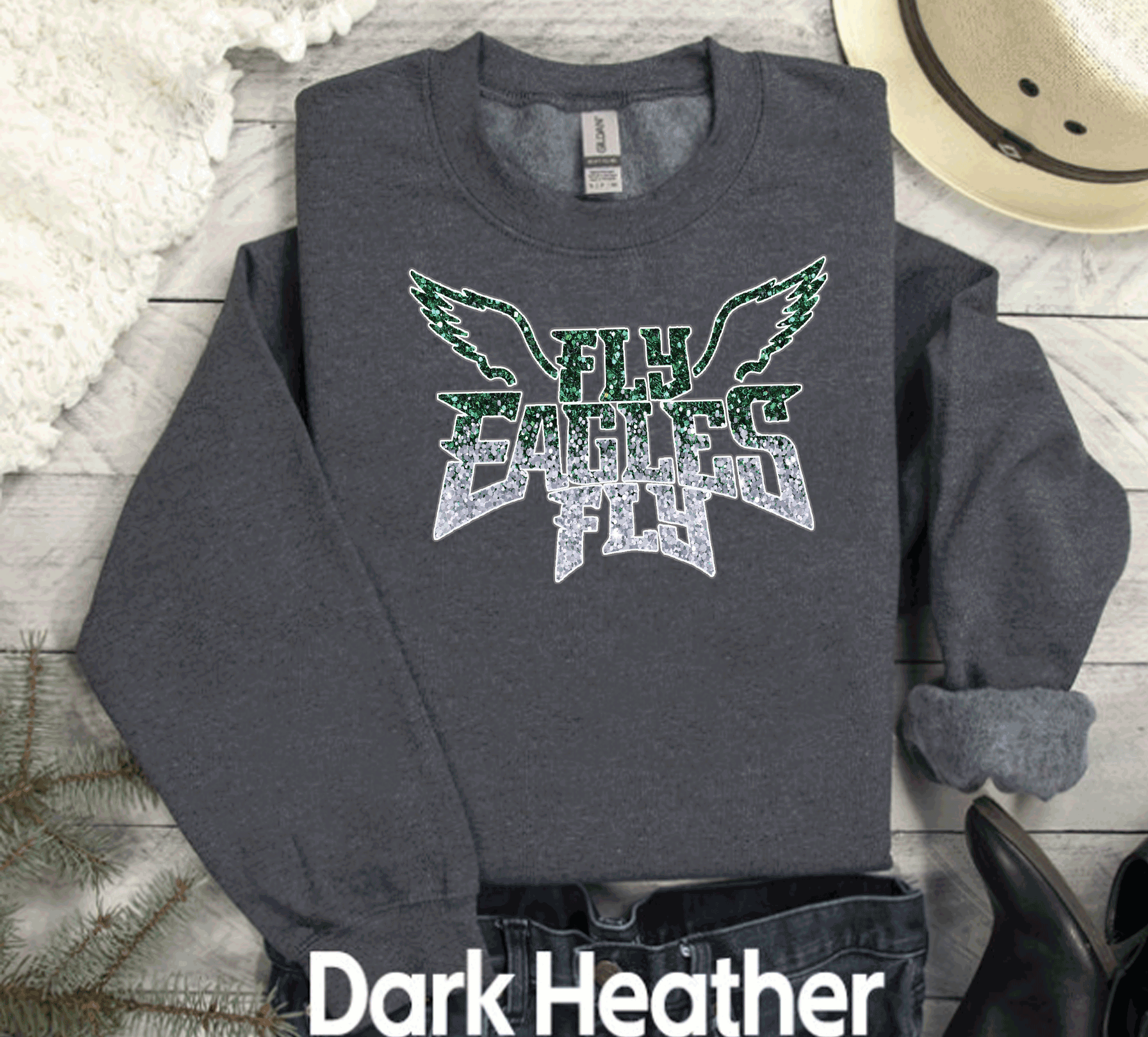 A Blessed Texas Mess Boutique EAGLES Fly Birds Fly Faux Glitter Bling Philadelphia Football Sweatshirt,… — dtf / graphic shirts category context