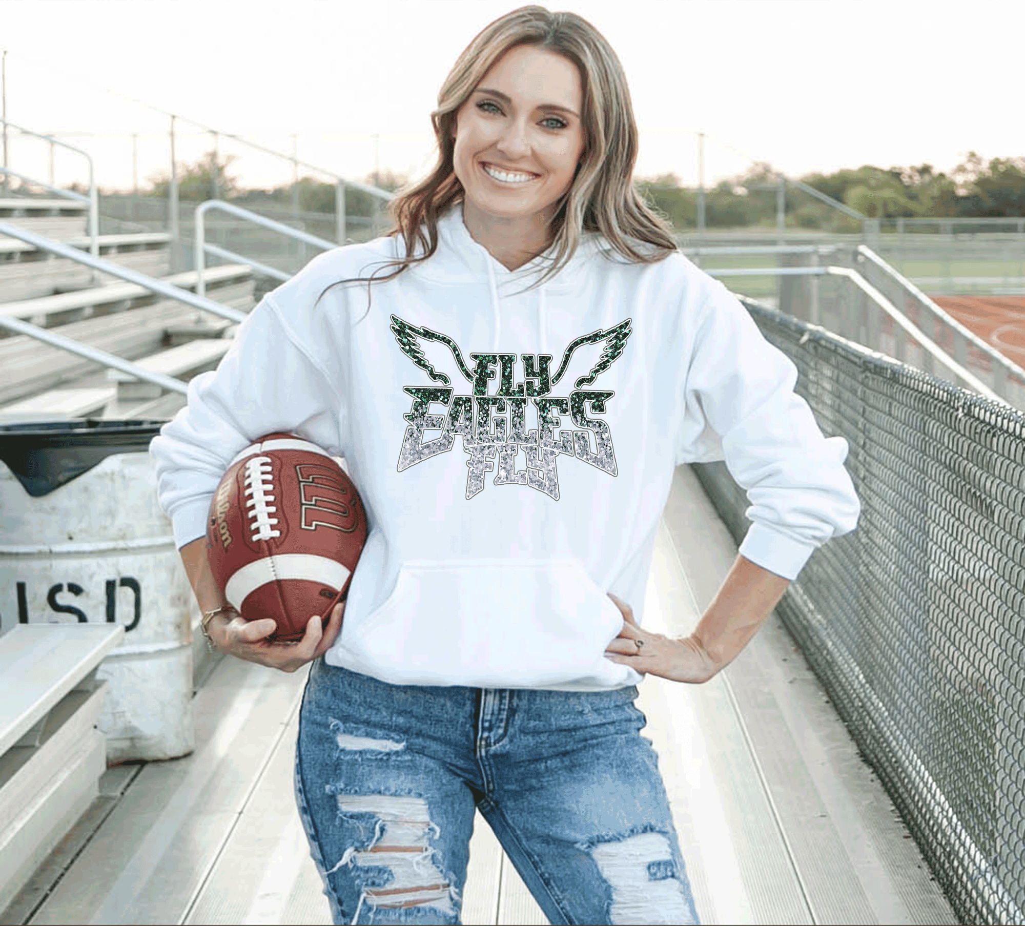 A Blessed Texas Mess Boutique EAGLES Fly Birds Fly Faux Glitter Bling Philadelphia Football Sweatshirt,… — main product shot