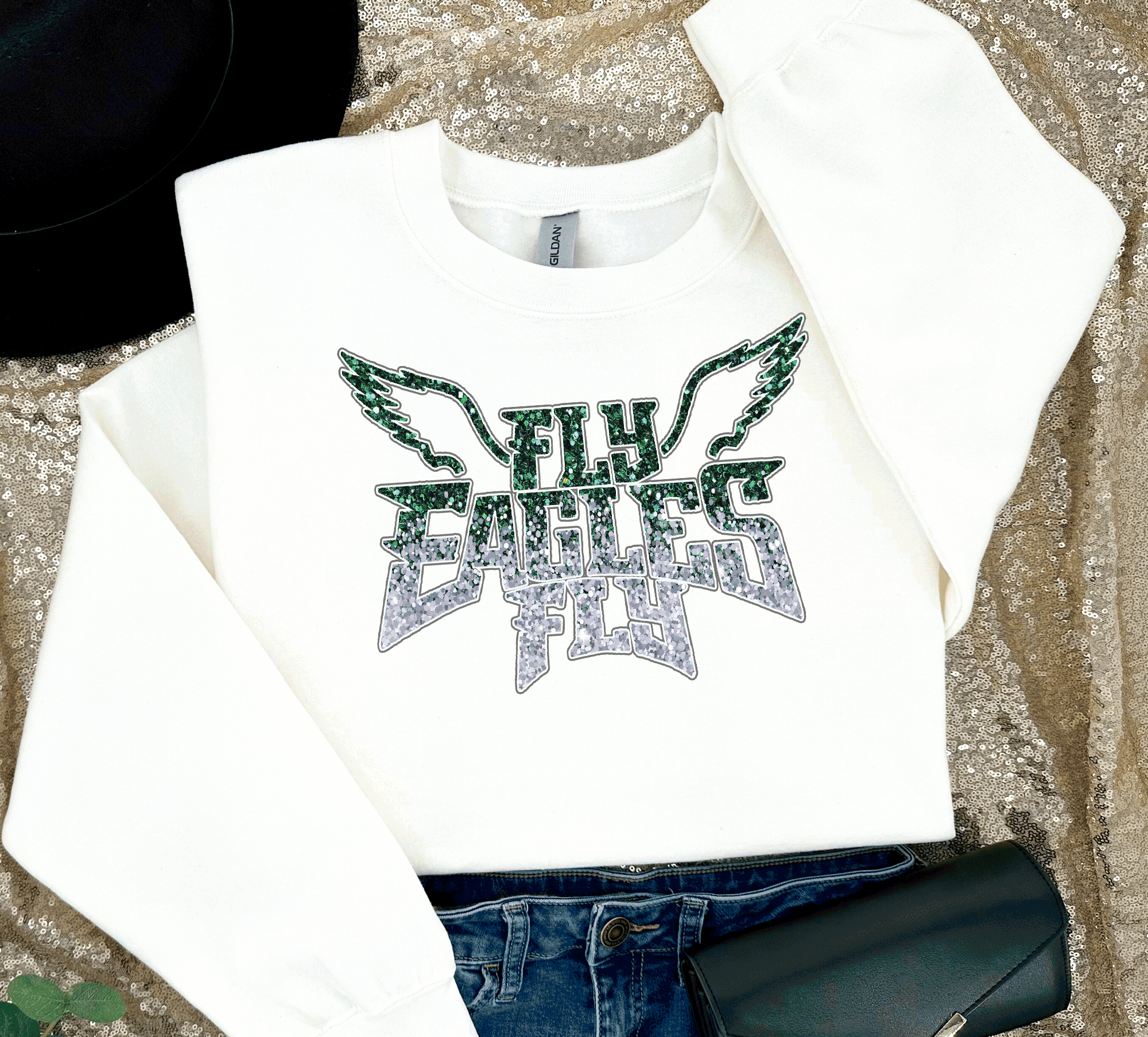 A Blessed Texas Mess Boutique EAGLES Fly Birds Fly Faux Glitter Bling Philadelphia Football Sweatshirt,… — lifestyle worn / used context