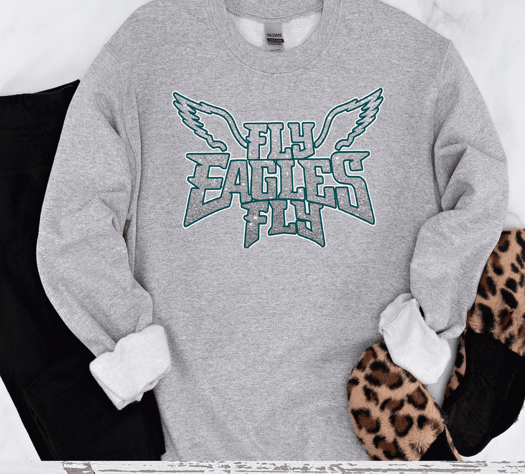 A Blessed Texas Mess Boutique EAGLES Fly Birds Fly Faux Glitter Bling Philadelphia Football Sweatshirt,… — construction detail